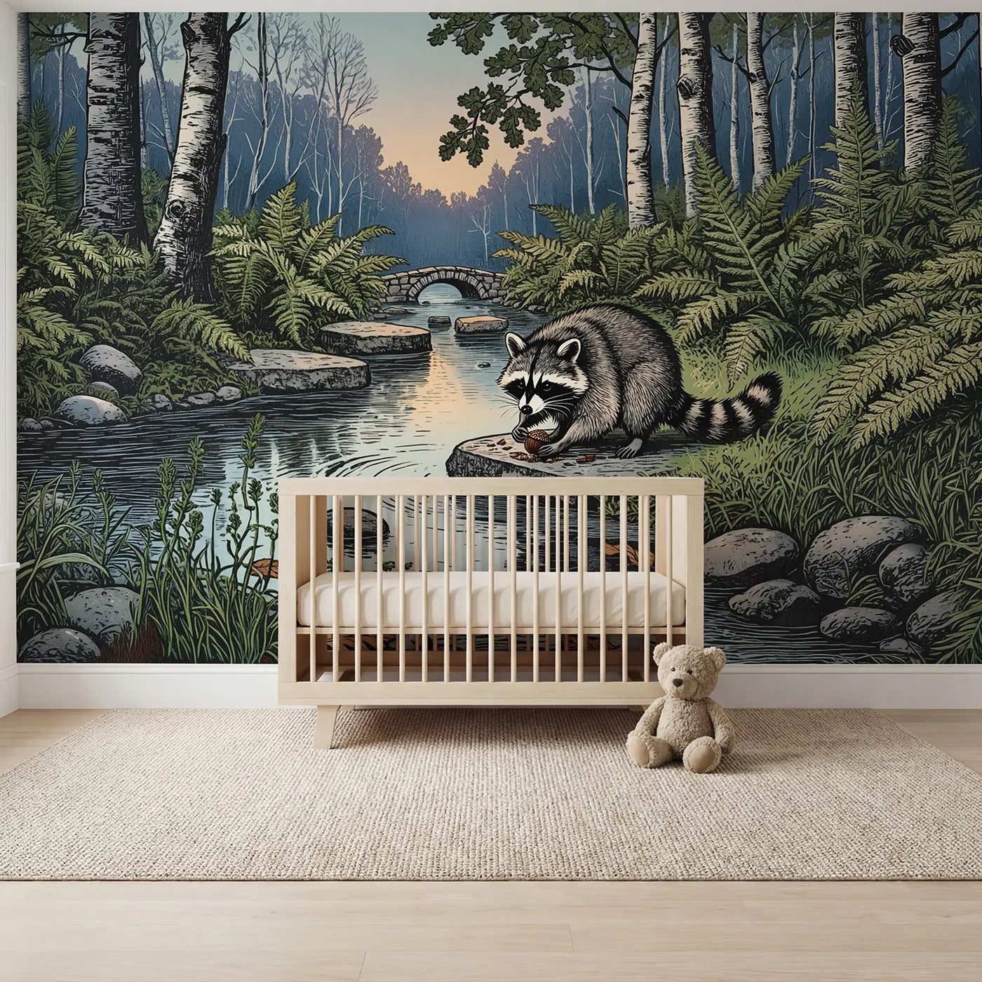 Block print raccoon at forest brook wallpaper mural for nursery by Whimsy Tots