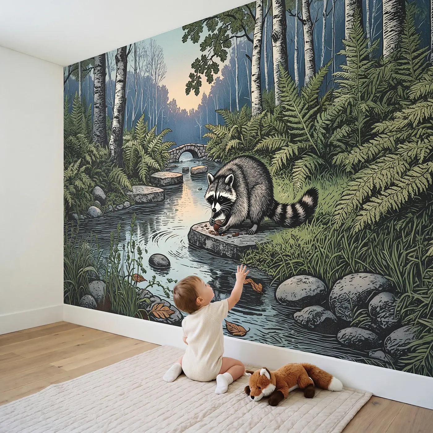 Child in nursery with Raccoon at Forest Brook Wallpaper Mural by Whimsy Tots