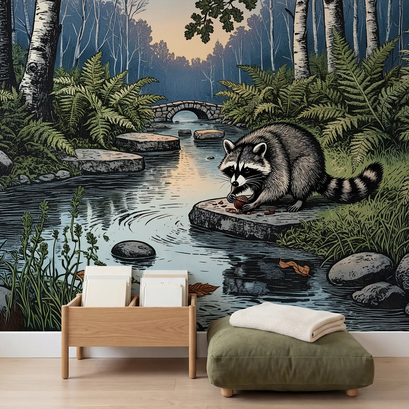 Raccoon at Forest Brook Wallpaper Mural in playroom setting by Whimsy Tots