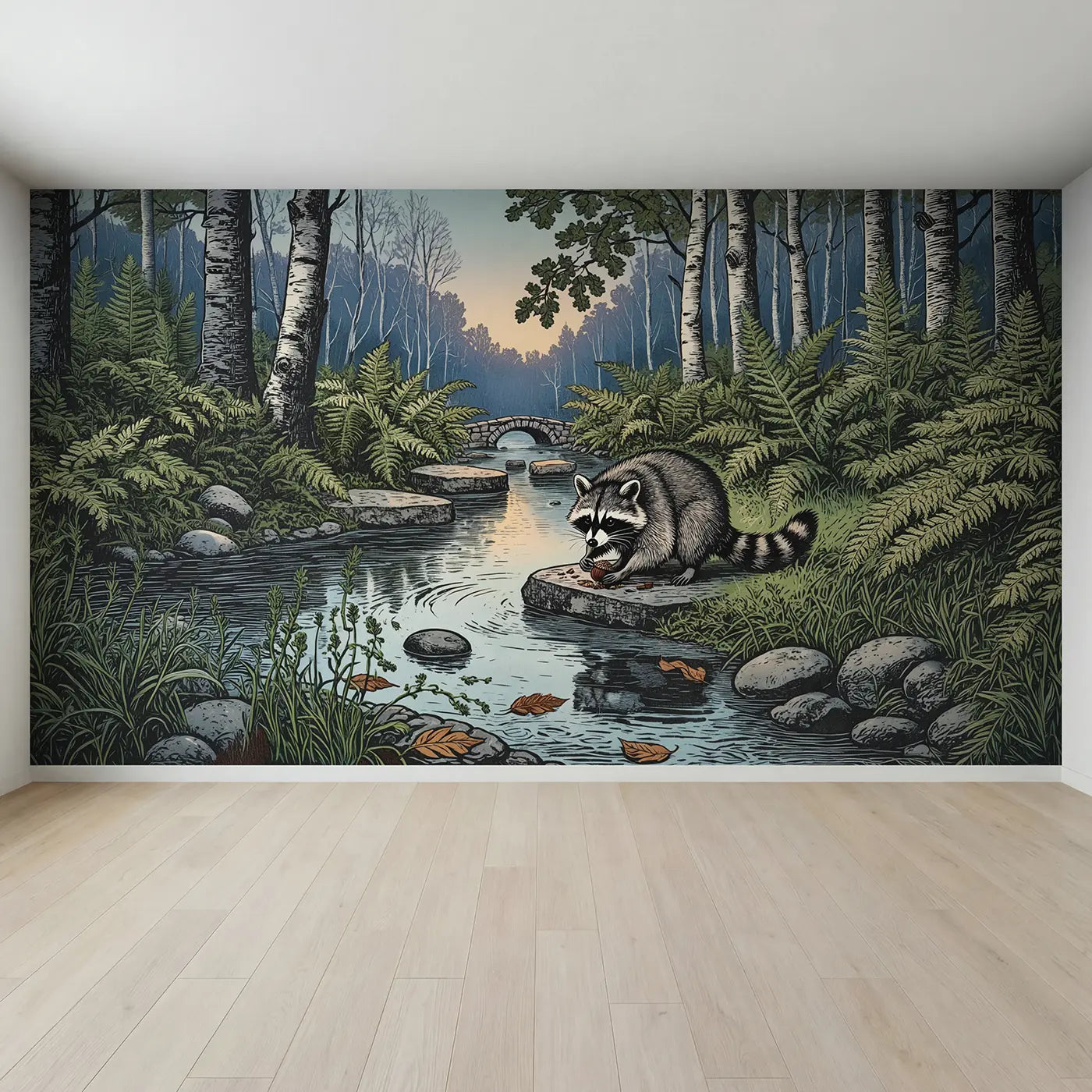 Full view of Raccoon at Forest Brook Wallpaper Mural by Whimsy Tots