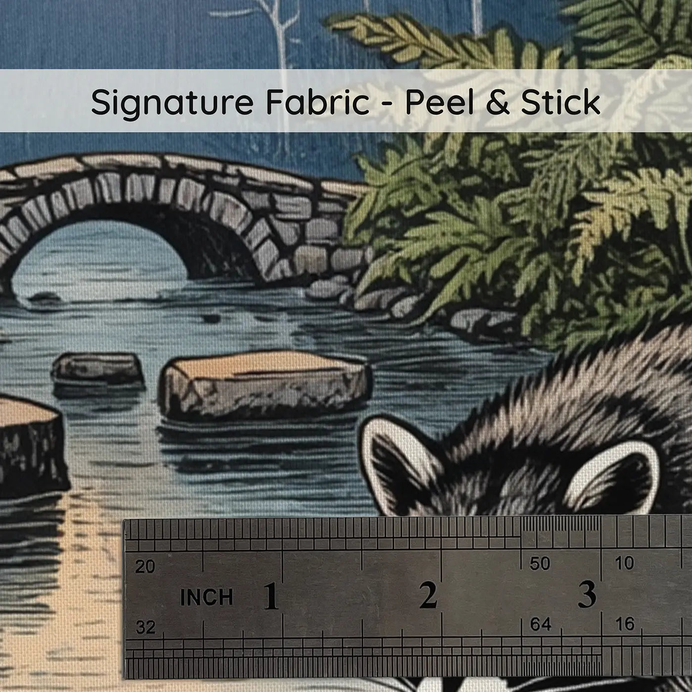 Fabric texture close-up of Raccoon at Forest Brook Wallpaper Mural by Whimsy Tots
