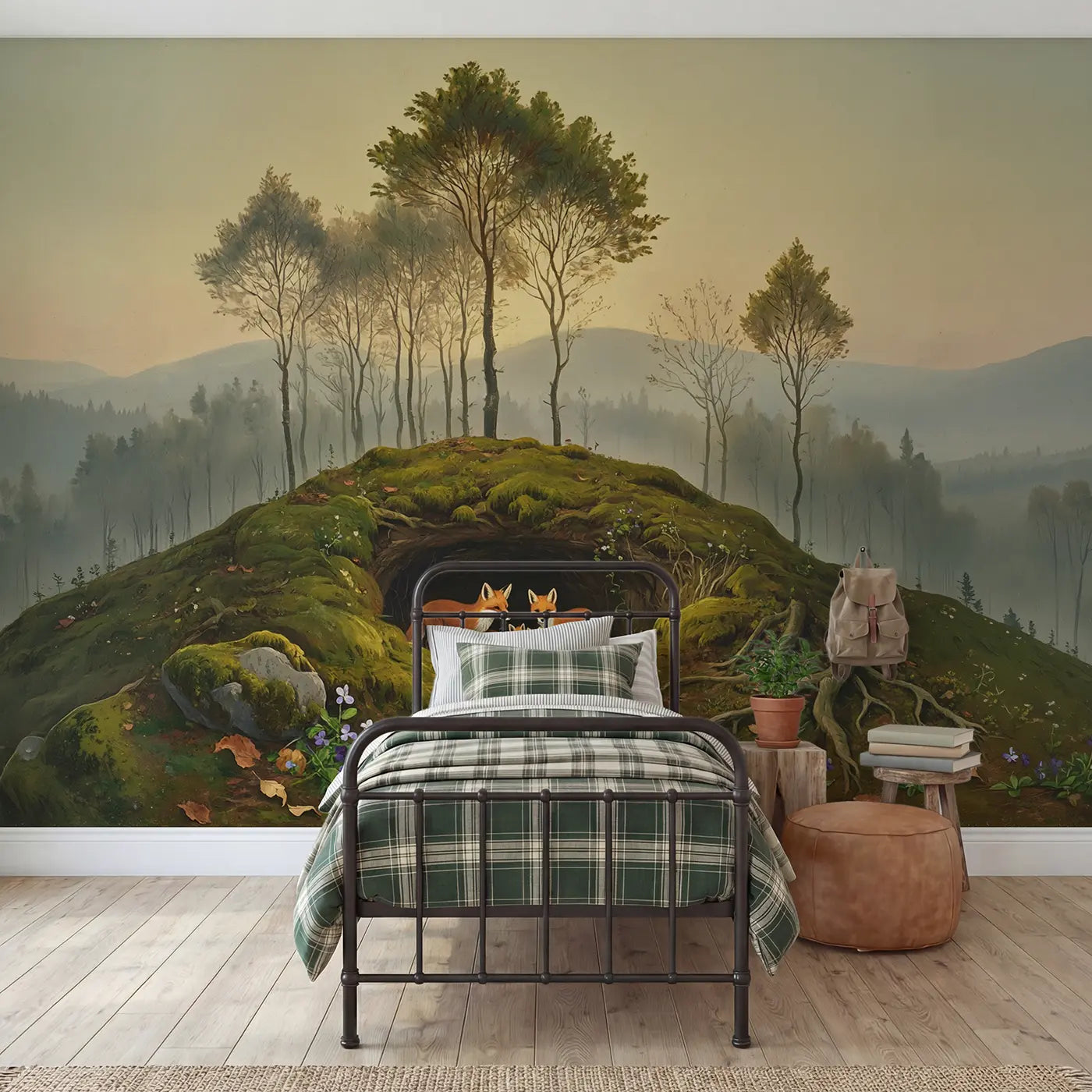 Painted landscape fox family den forest wallpaper mural for kids room by Whimsy Tots