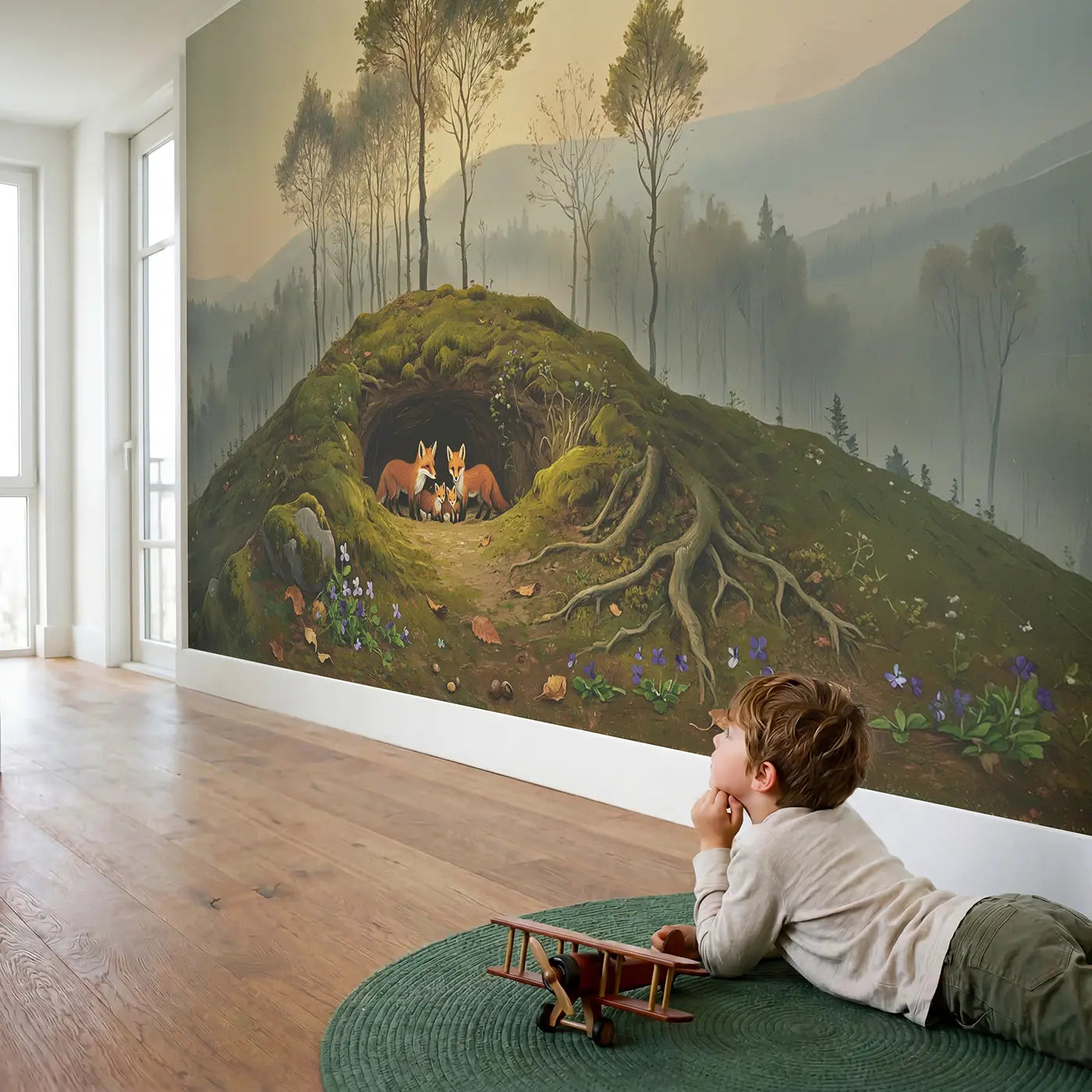 Child in nursery with Fox Family Den Entrance Wallpaper Mural by Whimsy Tots