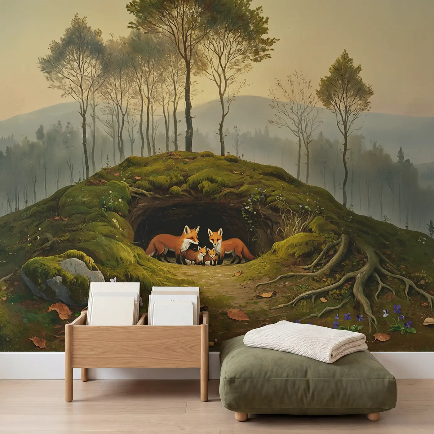 Fox Family Den Entrance Wallpaper Mural in playroom setting by Whimsy Tots