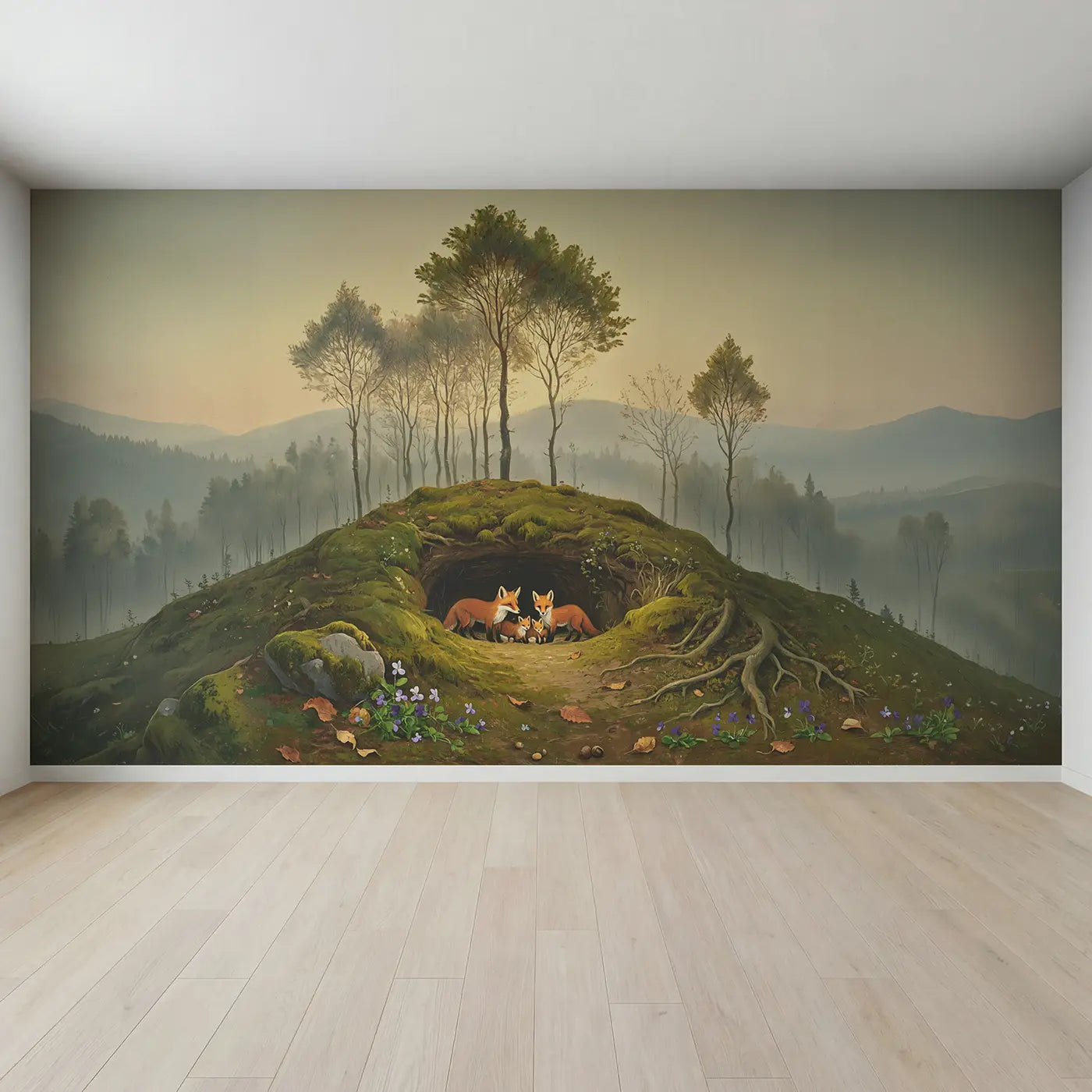 Full view of Fox Family Den Entrance Wallpaper Mural by Whimsy Tots