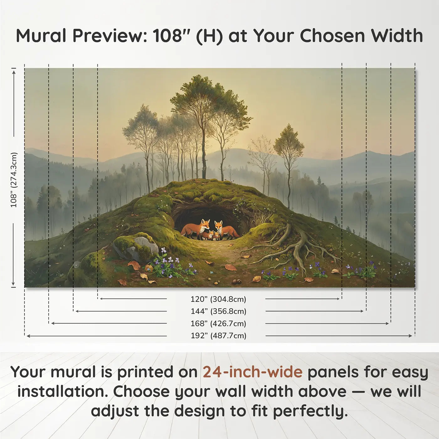 Panel layout and dimensions for Fox Family Den Entrance Wallpaper Mural by Whimsy Tots