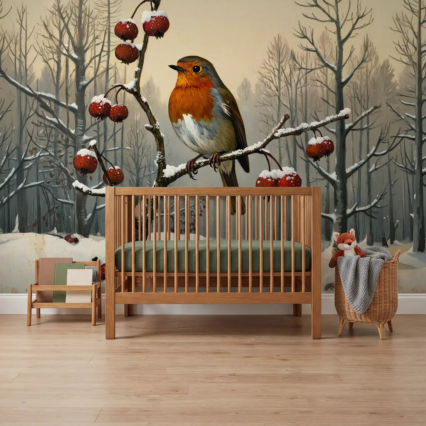 Painted Landscape winter robin holly berry wallpaper mural for boys room by Whimsy Tots