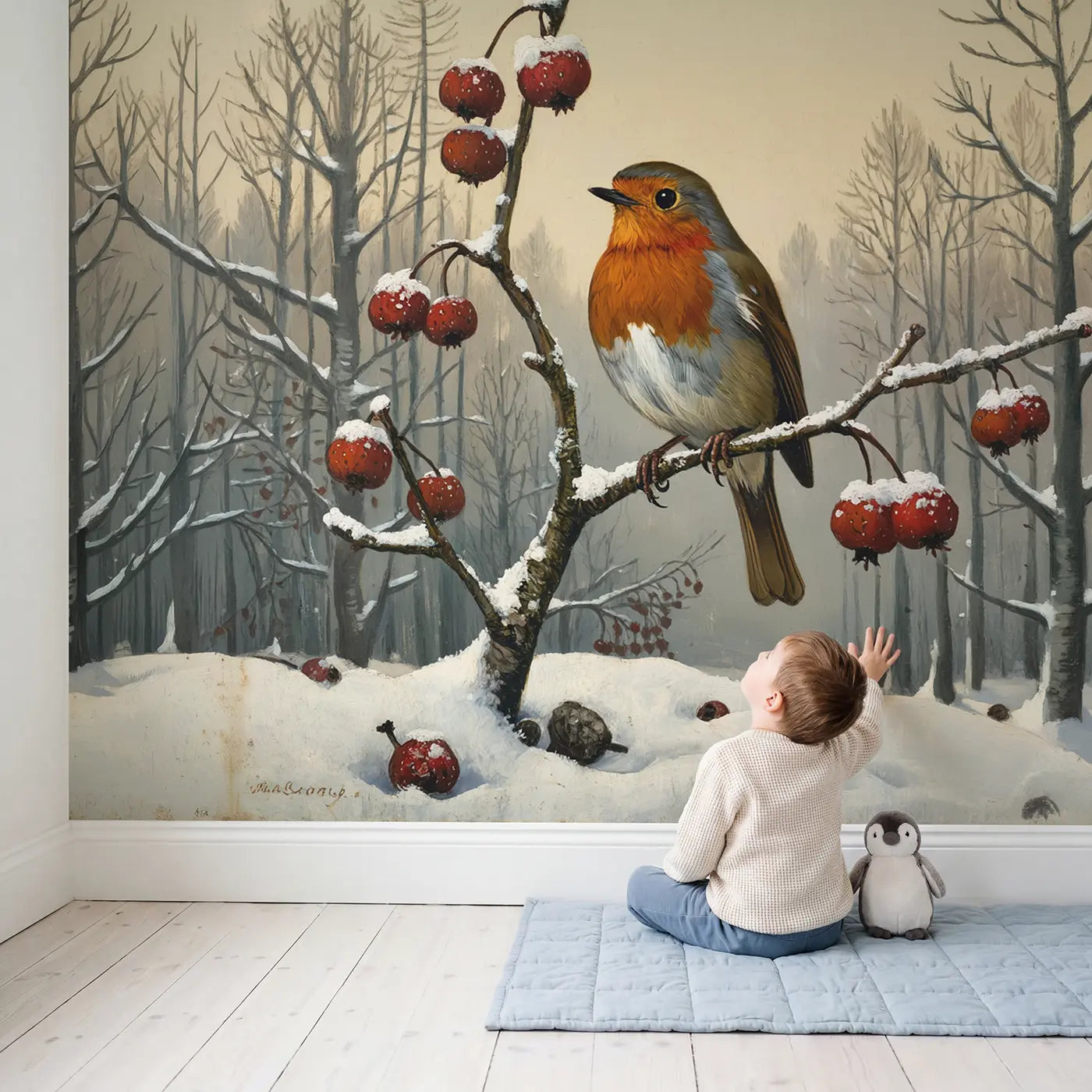 Child in nursery with Winter Robin Holly Berry Wallpaper Mural by Whimsy Tots