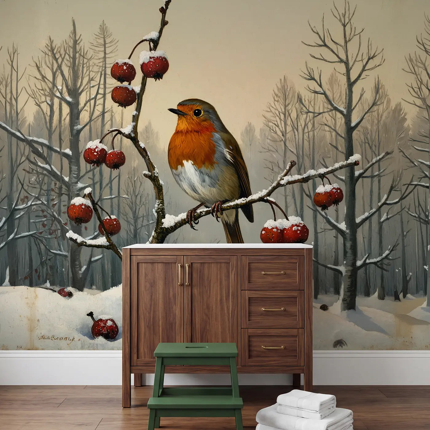 Winter Robin Holly Berry Wallpaper Mural in playroom setting by Whimsy Tots