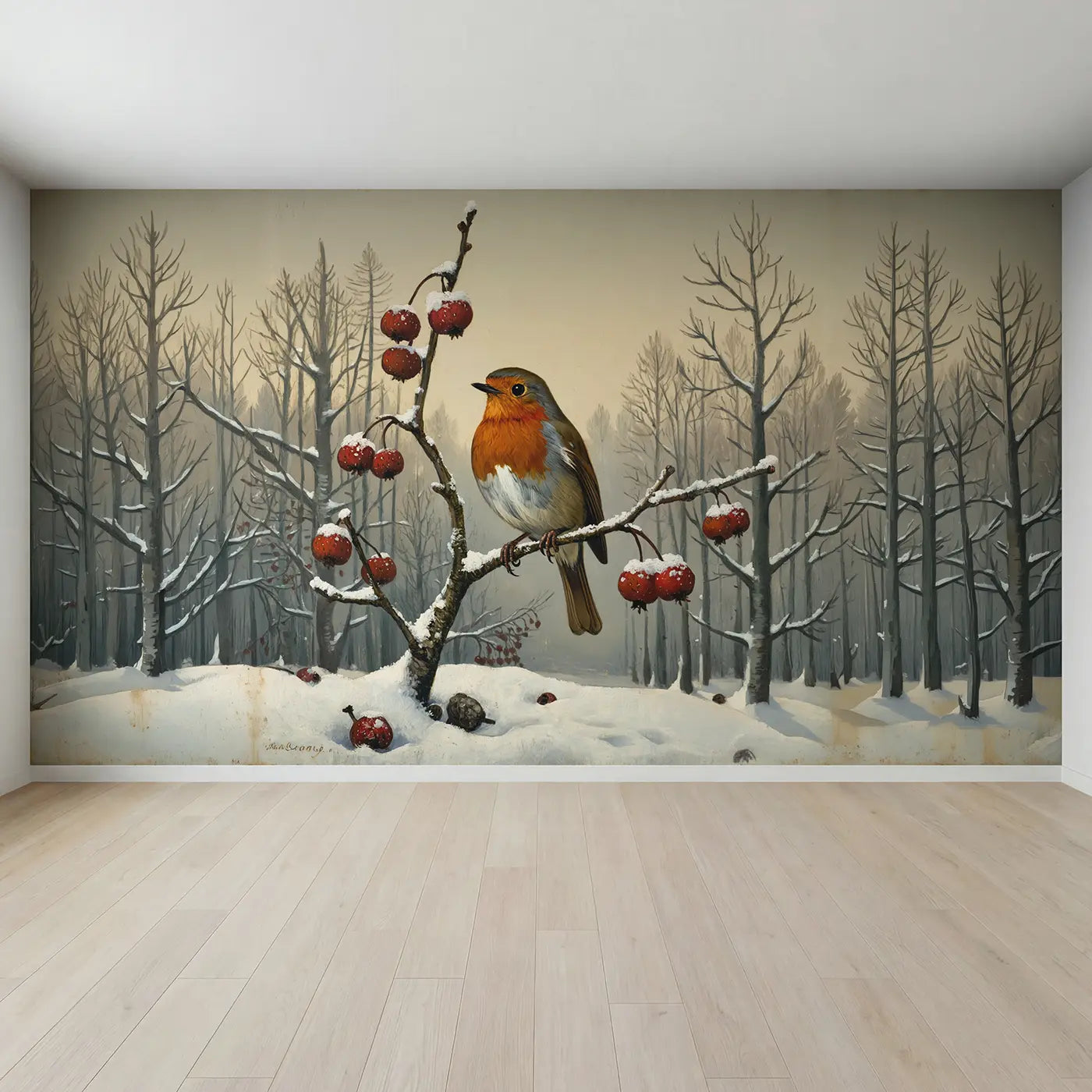 Full view of Winter Robin Holly Berry Wallpaper Mural by Whimsy Tots