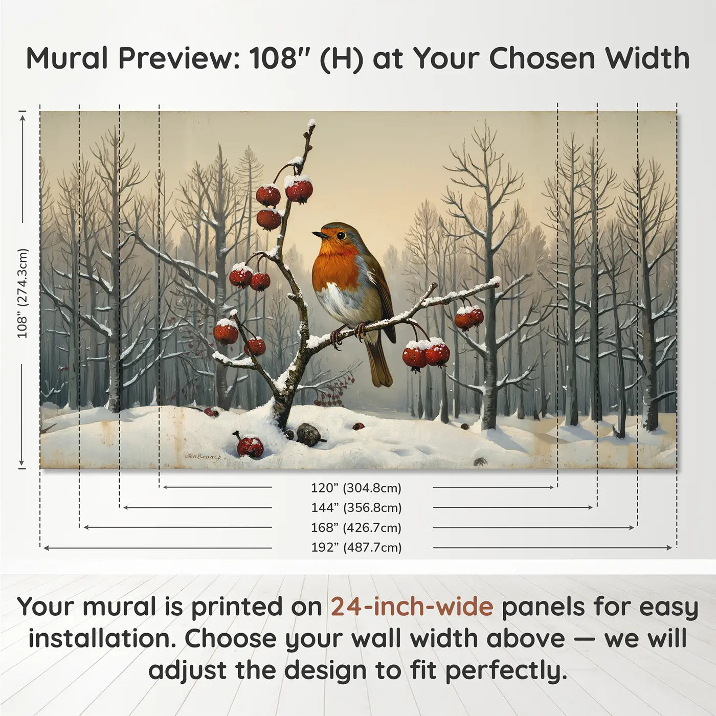 Panel layout and dimensions for Winter Robin Holly Berry Wallpaper Mural by Whimsy Tots