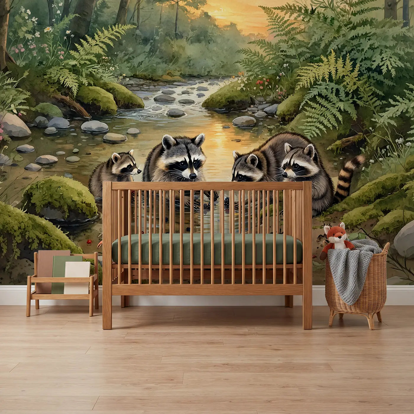 Watercolor raccoon and forest wallpaper mural for nursery by Whimsy Tots