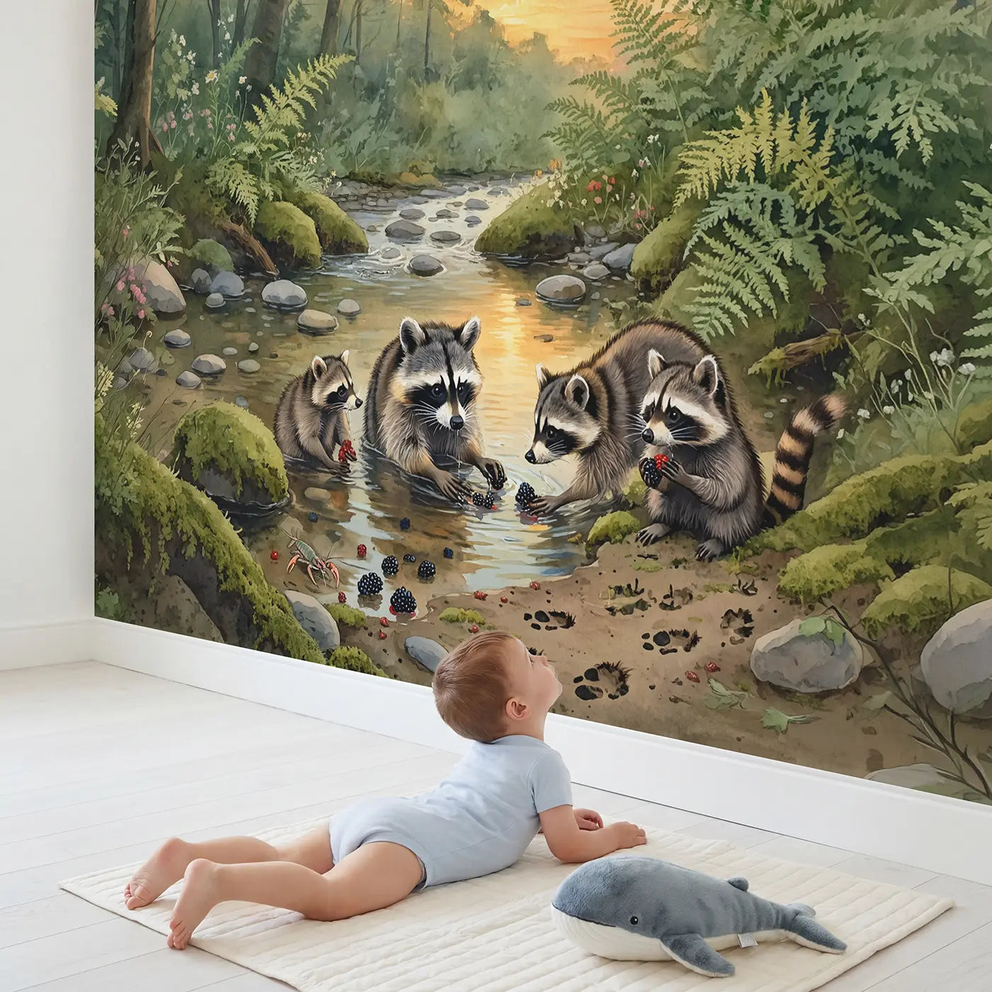 Child in nursery with Raccoon Family Berry Washing Wallpaper Mural by Whimsy Tots
