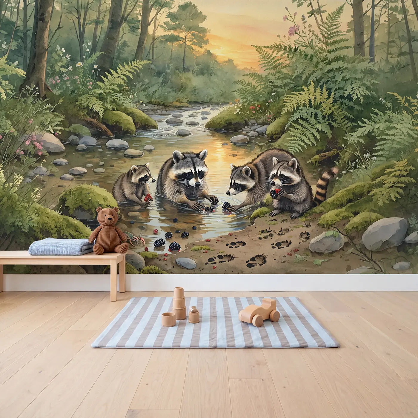 Raccoon Family Berry Washing Wallpaper Mural in playroom setting by Whimsy Tots