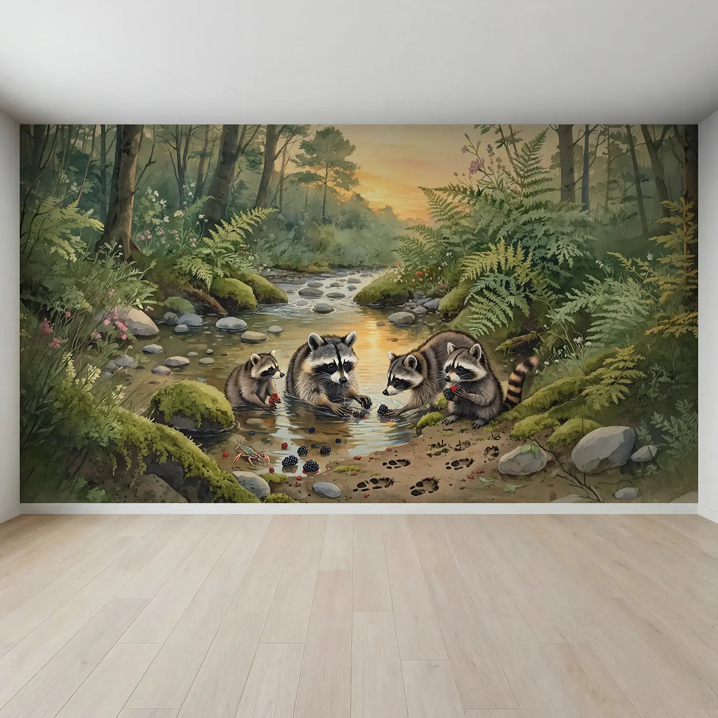 Full view of Raccoon Family Berry Washing Wallpaper Mural by Whimsy Tots