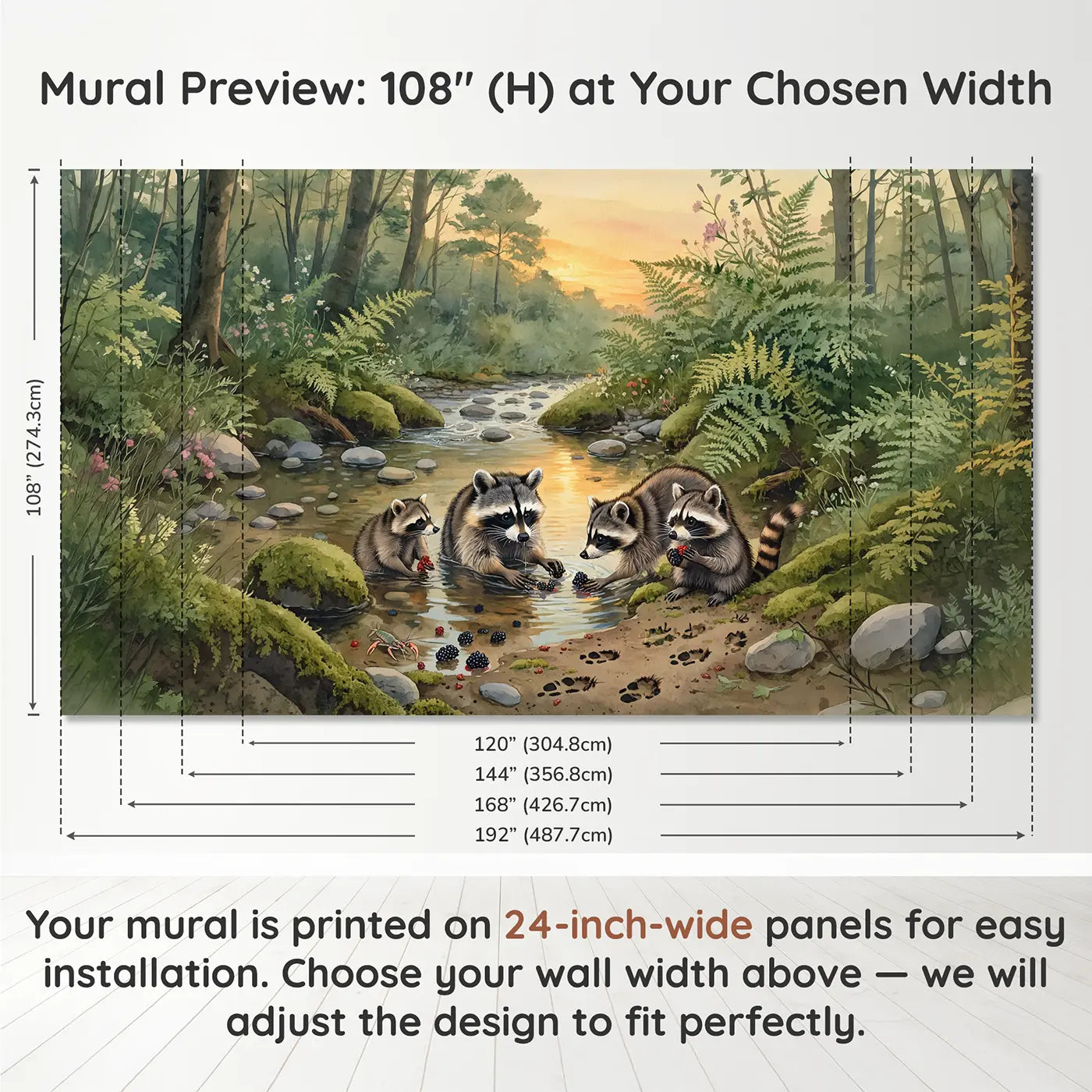 Panel layout and dimensions for Raccoon Family Berry Washing Wallpaper Mural by Whimsy Tots