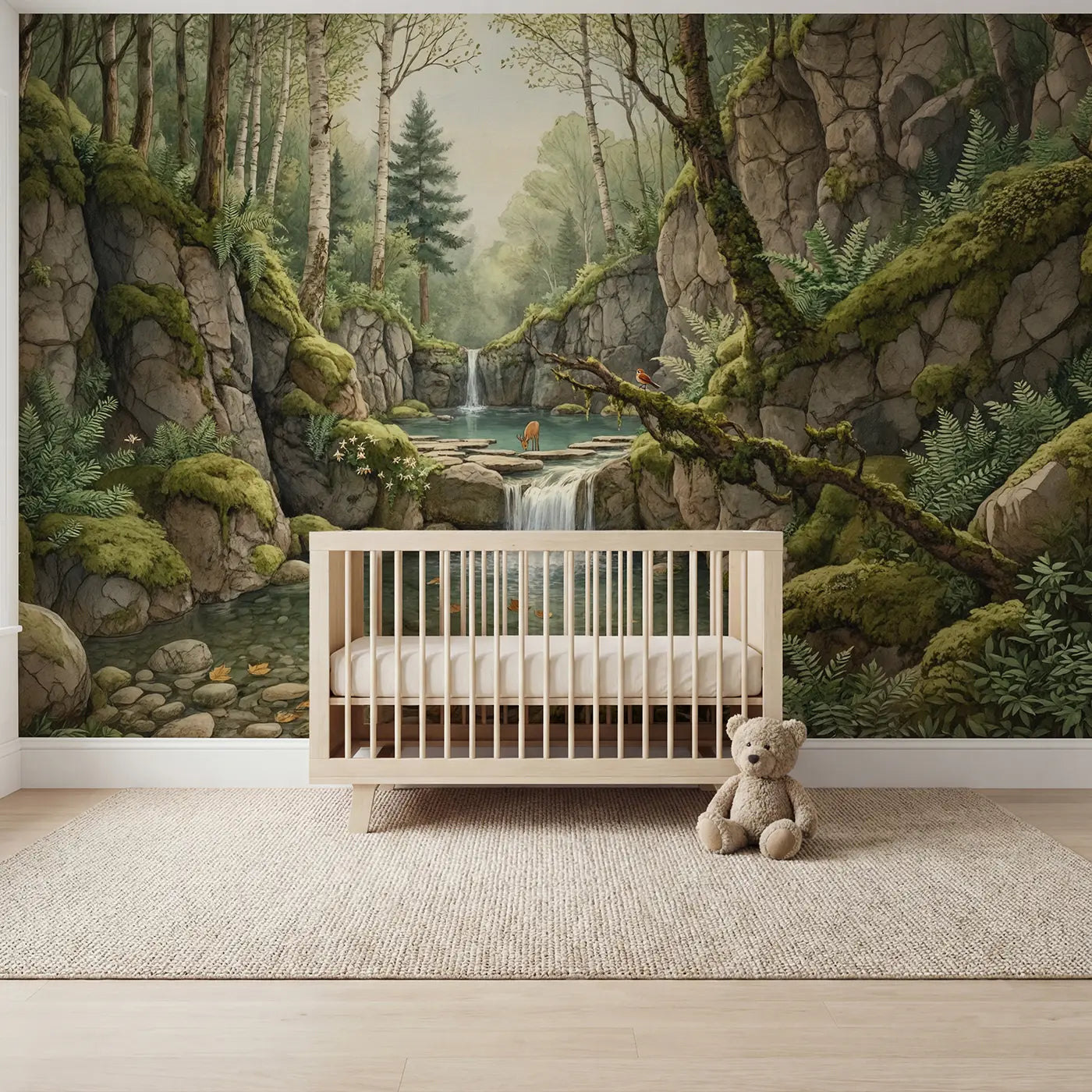 Storybook hidden forest grotto wallpaper mural for nursery by Whimsy Tots