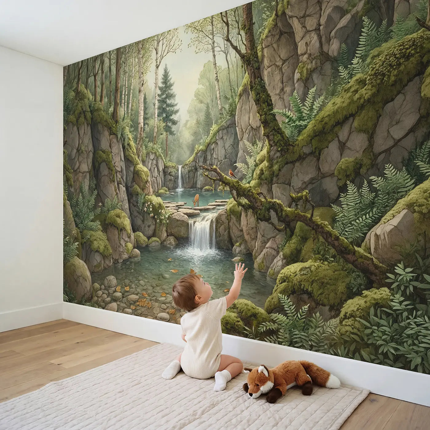 Child in nursery with Hidden Forest Grotto Wallpaper Mural by Whimsy Tots