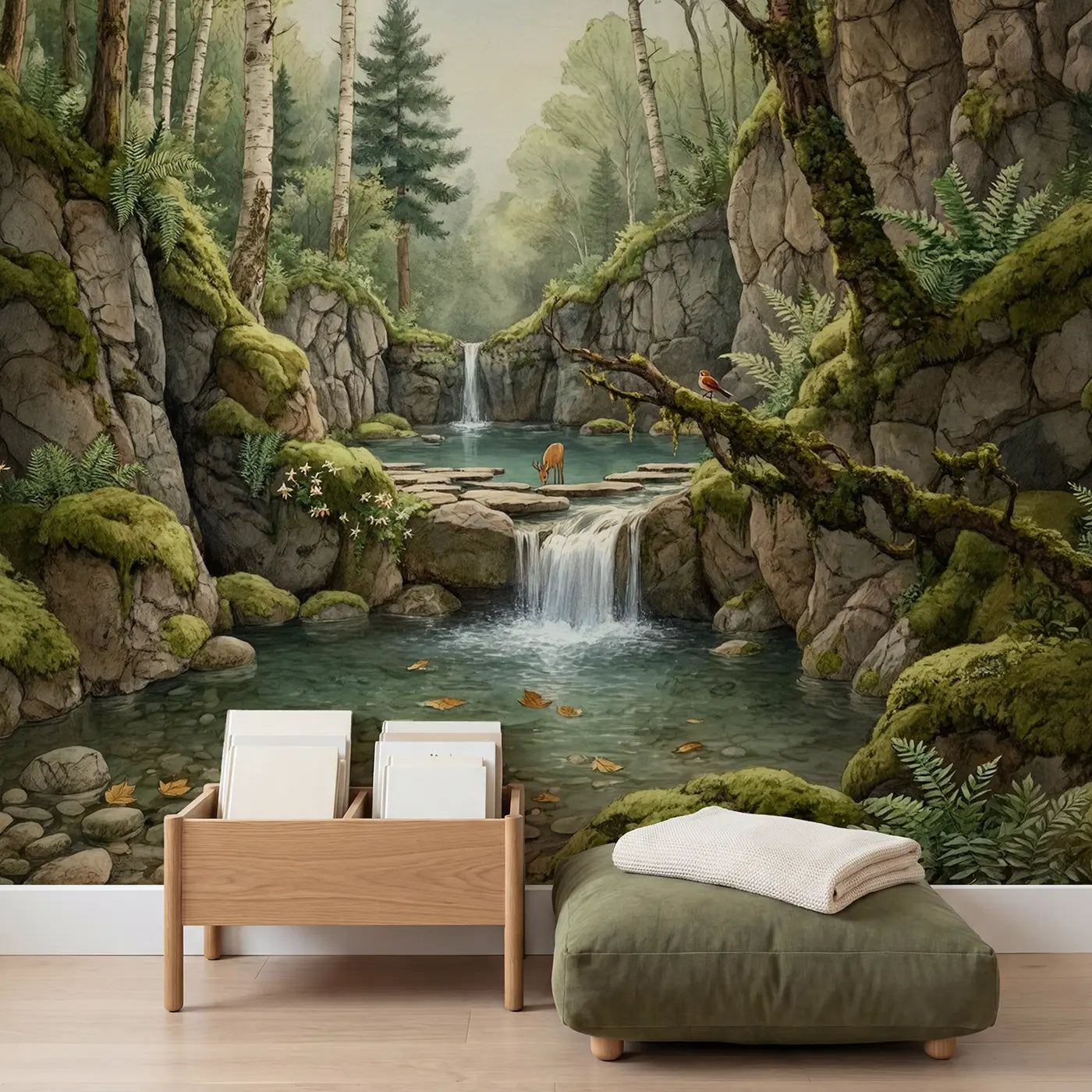 Hidden Forest Grotto Wallpaper Mural in playroom setting by Whimsy Tots