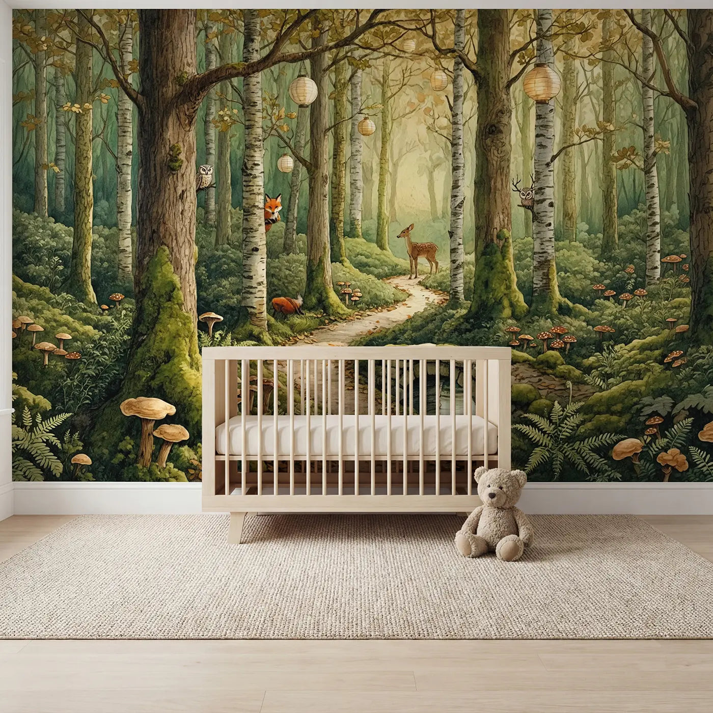 Storybook fox and owl forest wallpaper mural for kids room by Whimsy Tots