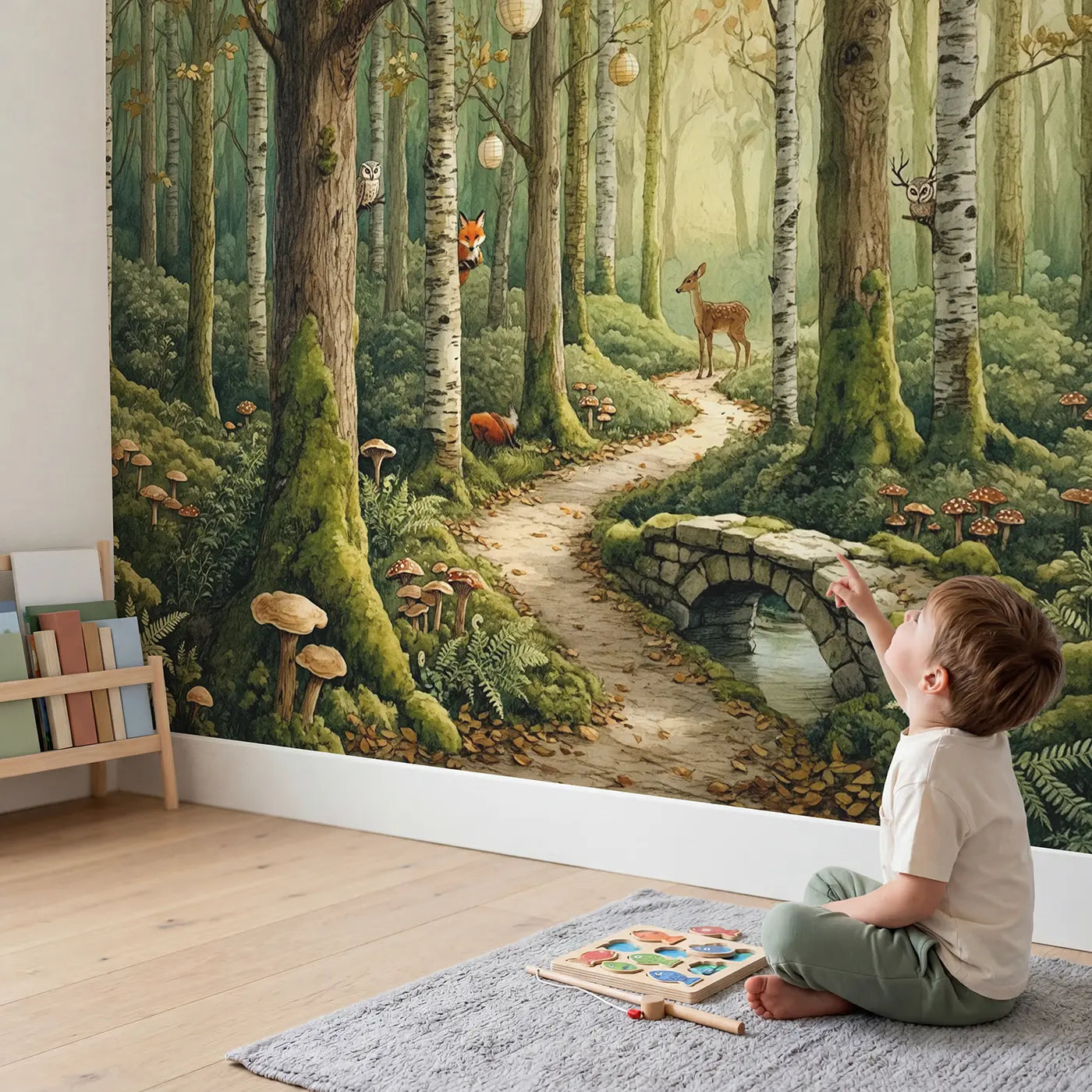 Child in nursery with Enchanted Woodland Path Wallpaper Mural by Whimsy Tots