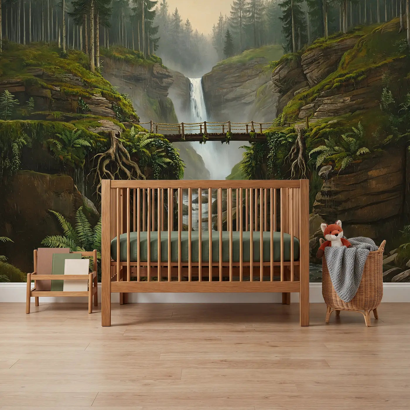 Painted landscape forest woodland wallpaper mural for nursery by Whimsy Tots