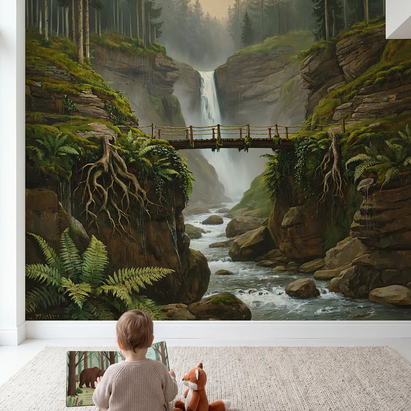 Child in nursery with Misty Ravine Footbridge Wallpaper Mural by Whimsy Tots