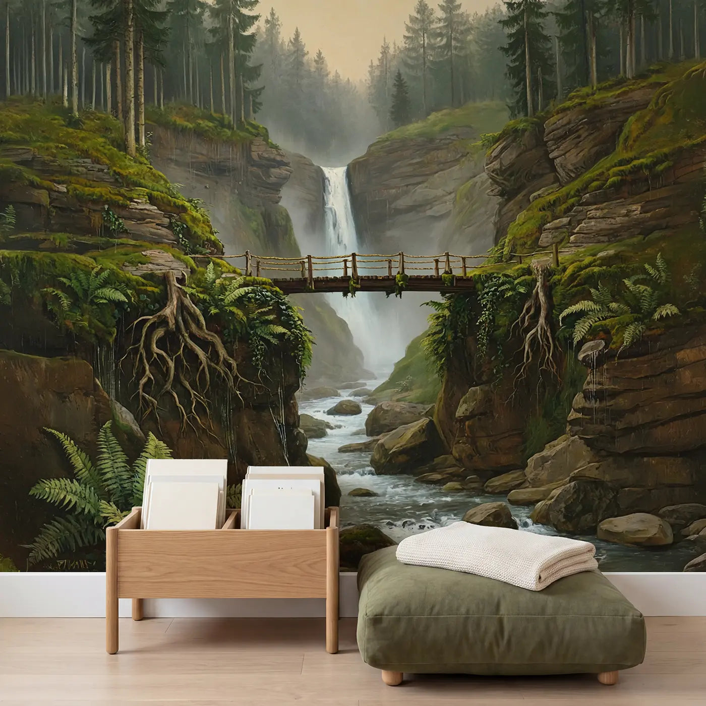Misty Ravine Footbridge Wallpaper Mural in playroom setting by Whimsy Tots