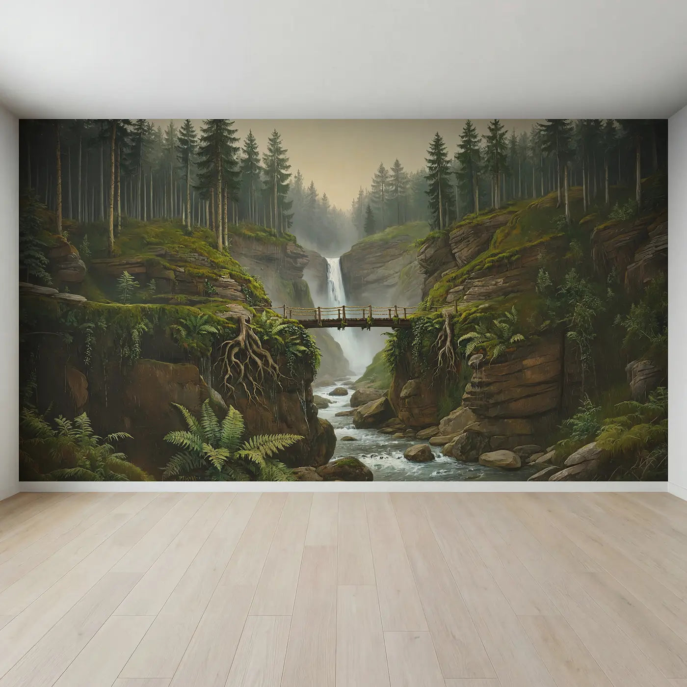 Full view of Misty Ravine Footbridge Wallpaper Mural by Whimsy Tots