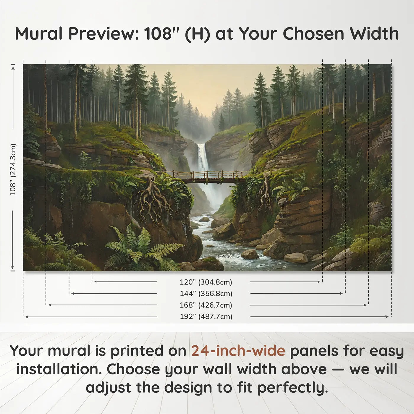 Panel layout and dimensions for Misty Ravine Footbridge Wallpaper Mural by Whimsy Tots