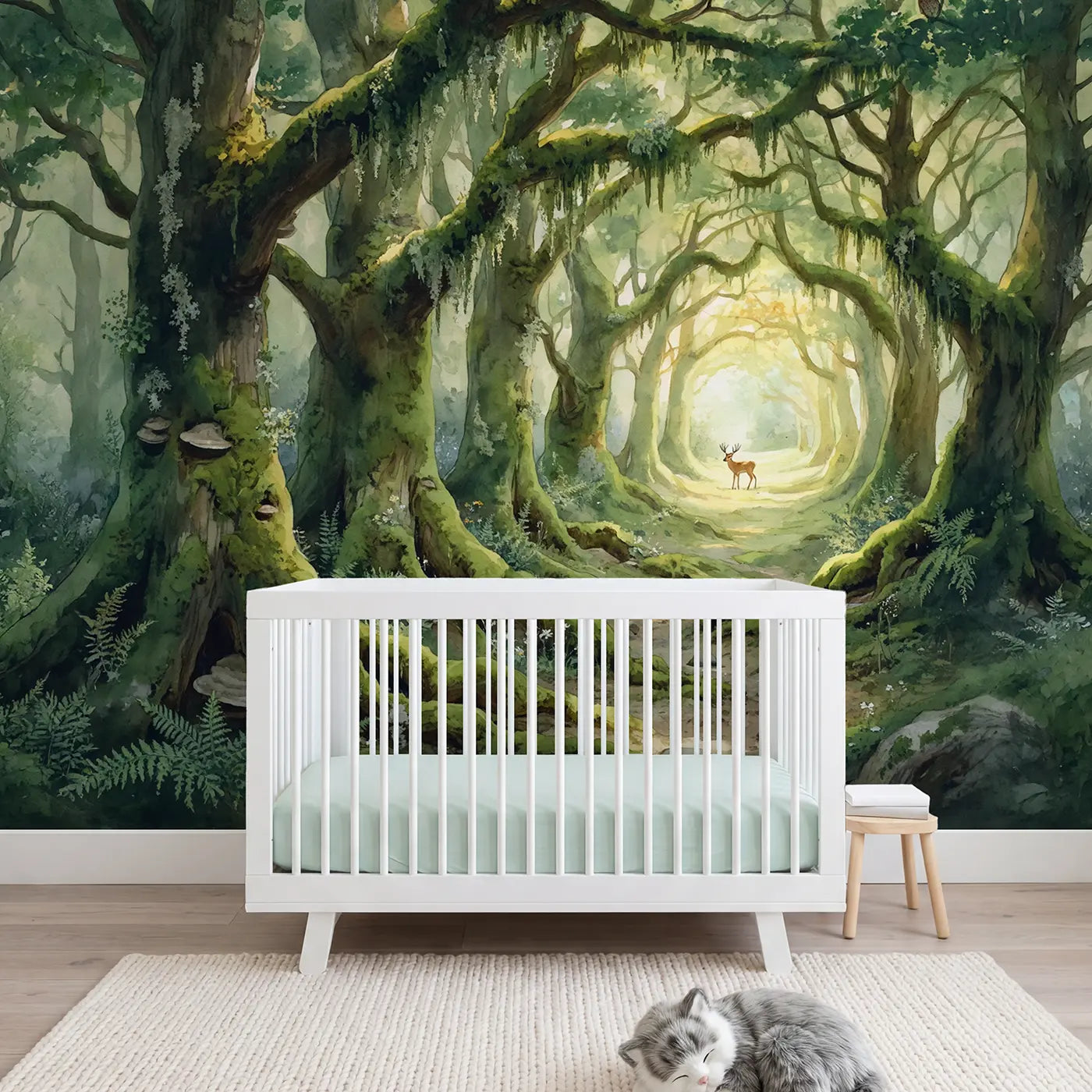 watercolor enchanted moss tunnel forest mural for girls room by Whimsy Tots