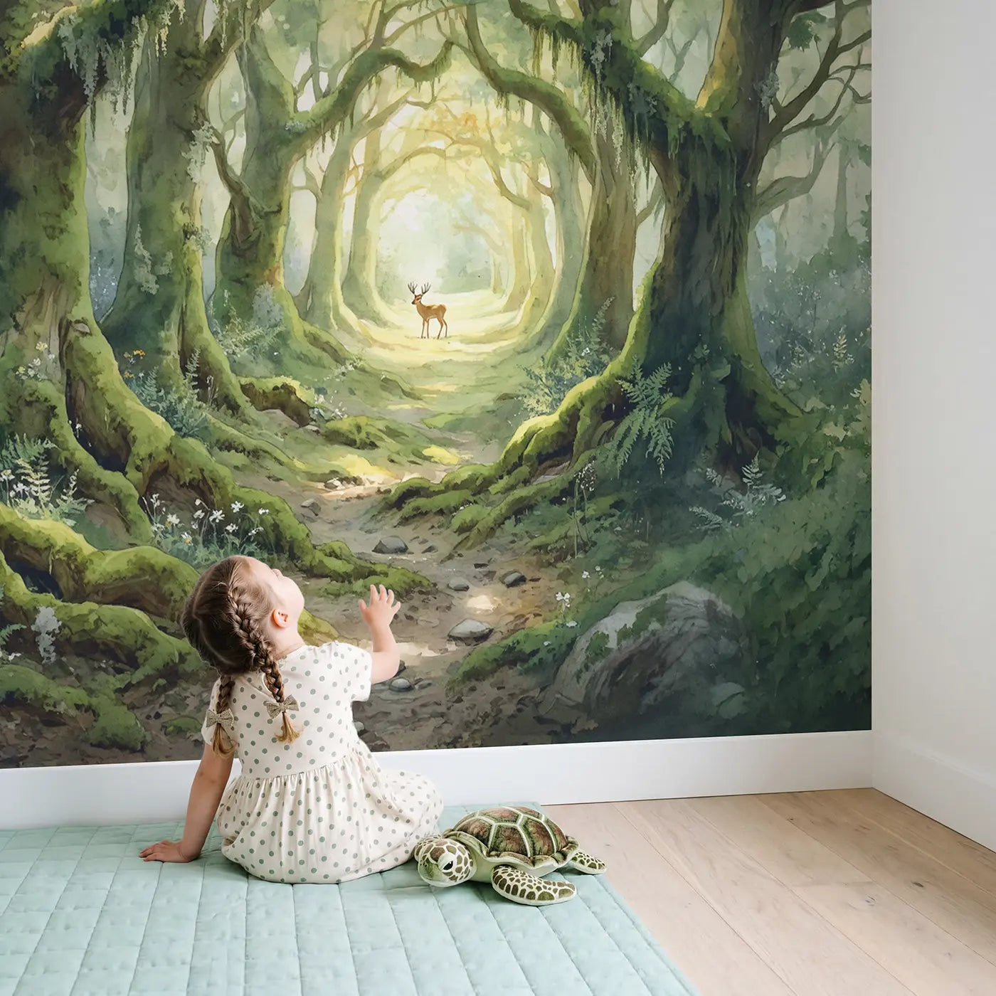 Child in nursery with Enchanted Moss Tunnel Forest Wallpaper Mural by Whimsy Tots