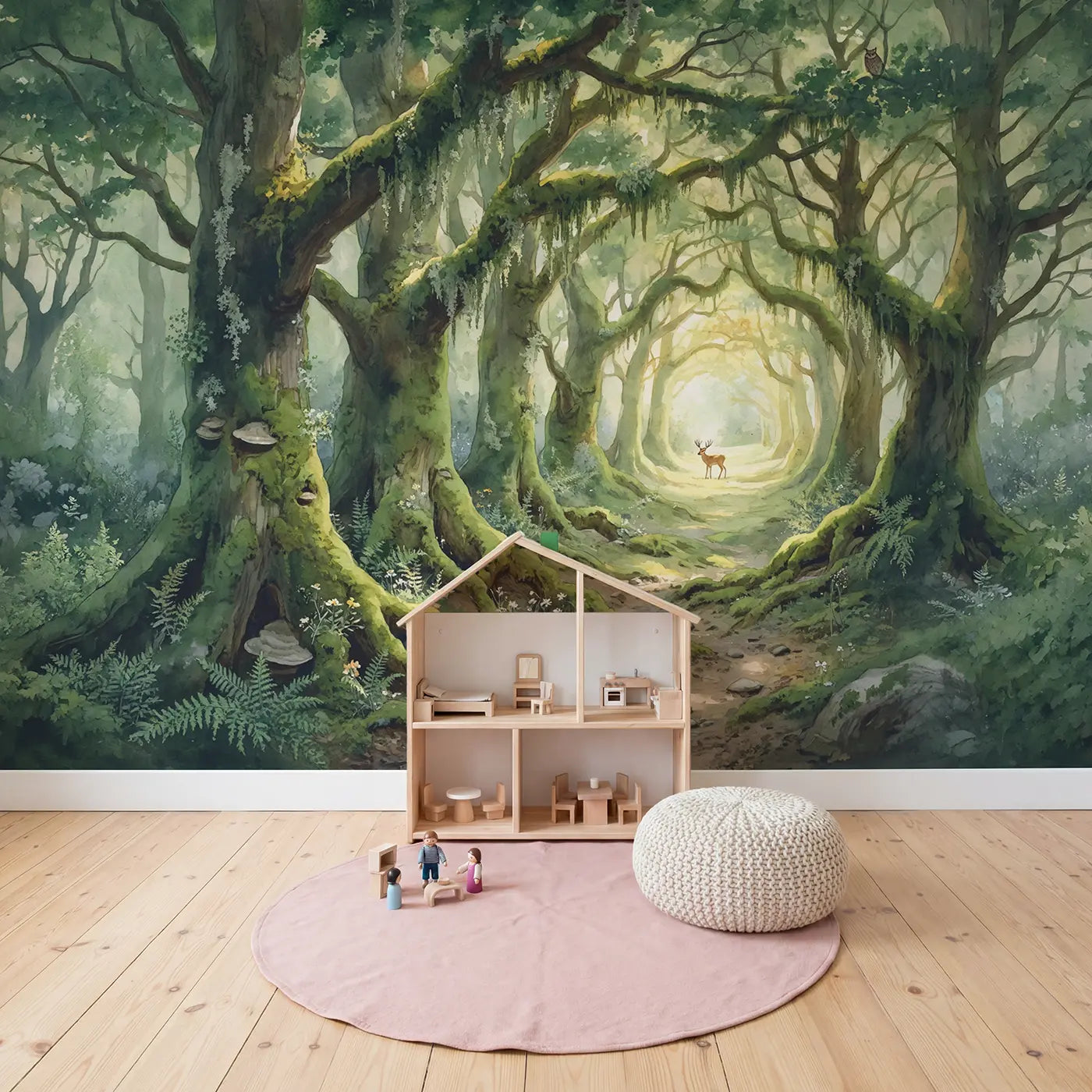 Enchanted Moss Tunnel Forest Wallpaper Mural in playroom setting by Whimsy Tots