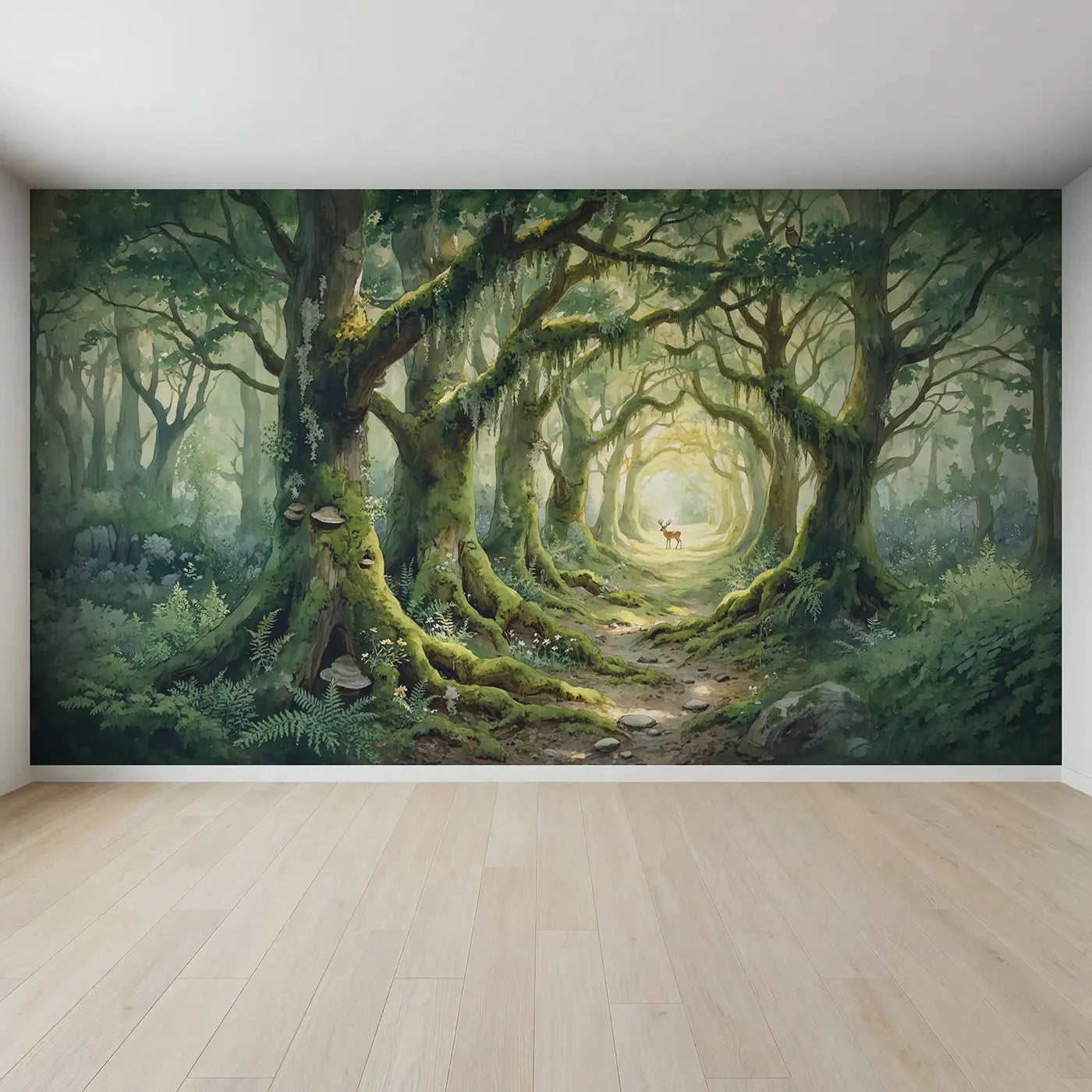 Full view of Enchanted Moss Tunnel Forest Wallpaper Mural by Whimsy Tots