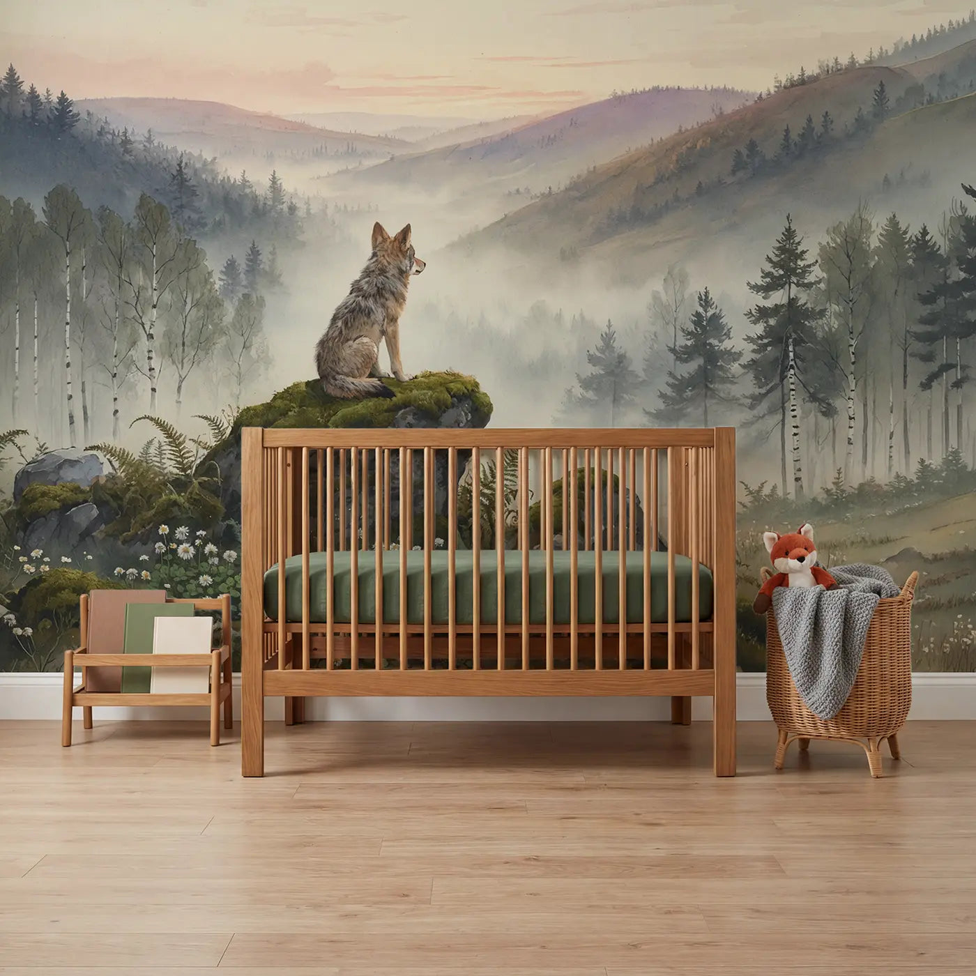 Watercolor wolf hilltop lookout wallpaper mural for kids room by Whimsy Tots