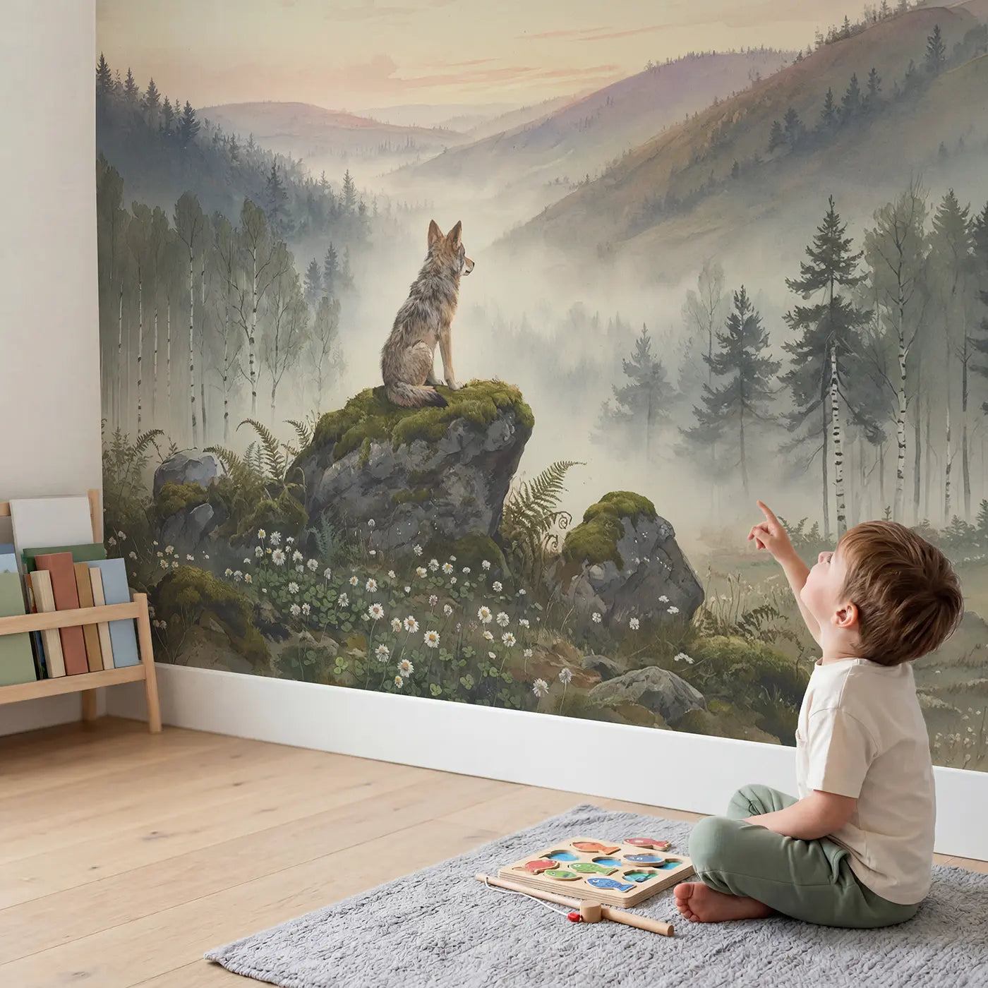 Child in nursery with Hilltop Wolf Lookout Wallpaper Mural by Whimsy Tots