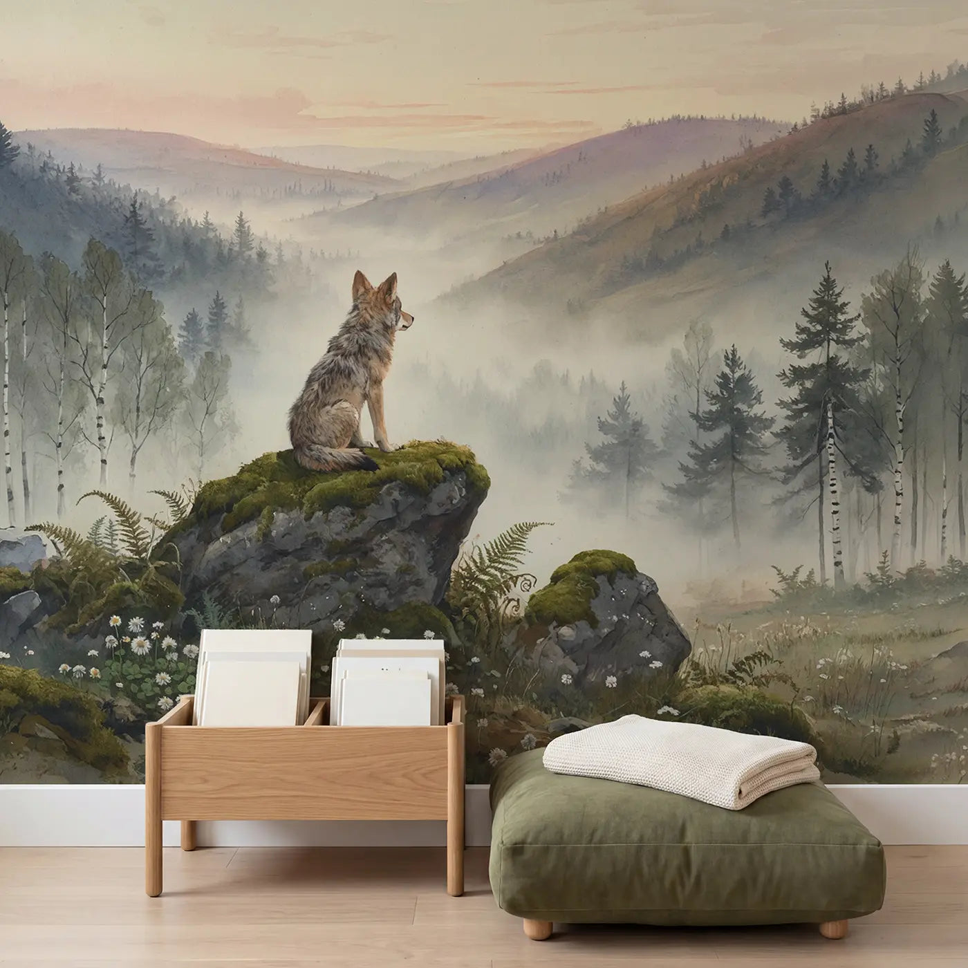Hilltop Wolf Lookout Wallpaper Mural in playroom setting by Whimsy Tots