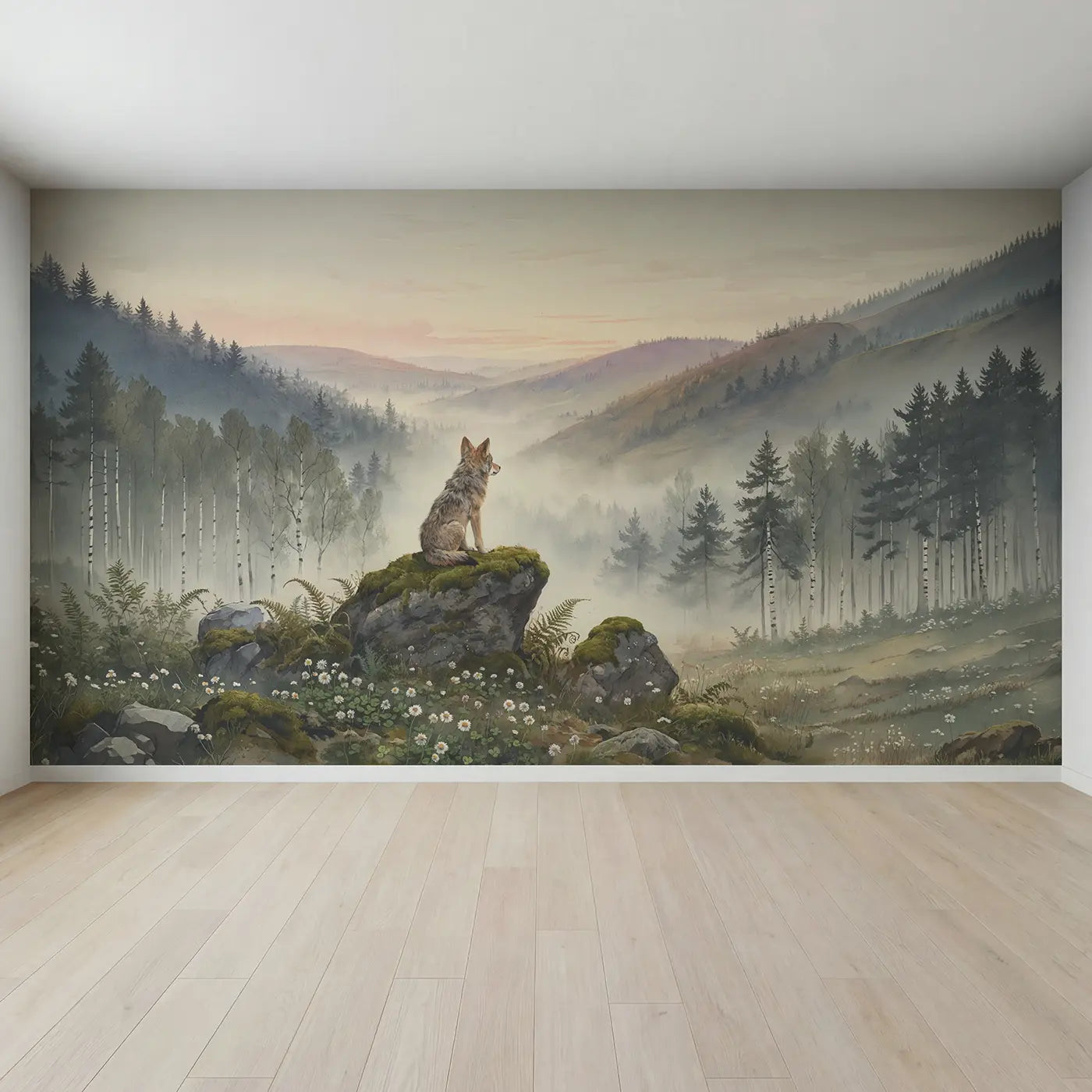 Full view of Hilltop Wolf Lookout Wallpaper Mural by Whimsy Tots