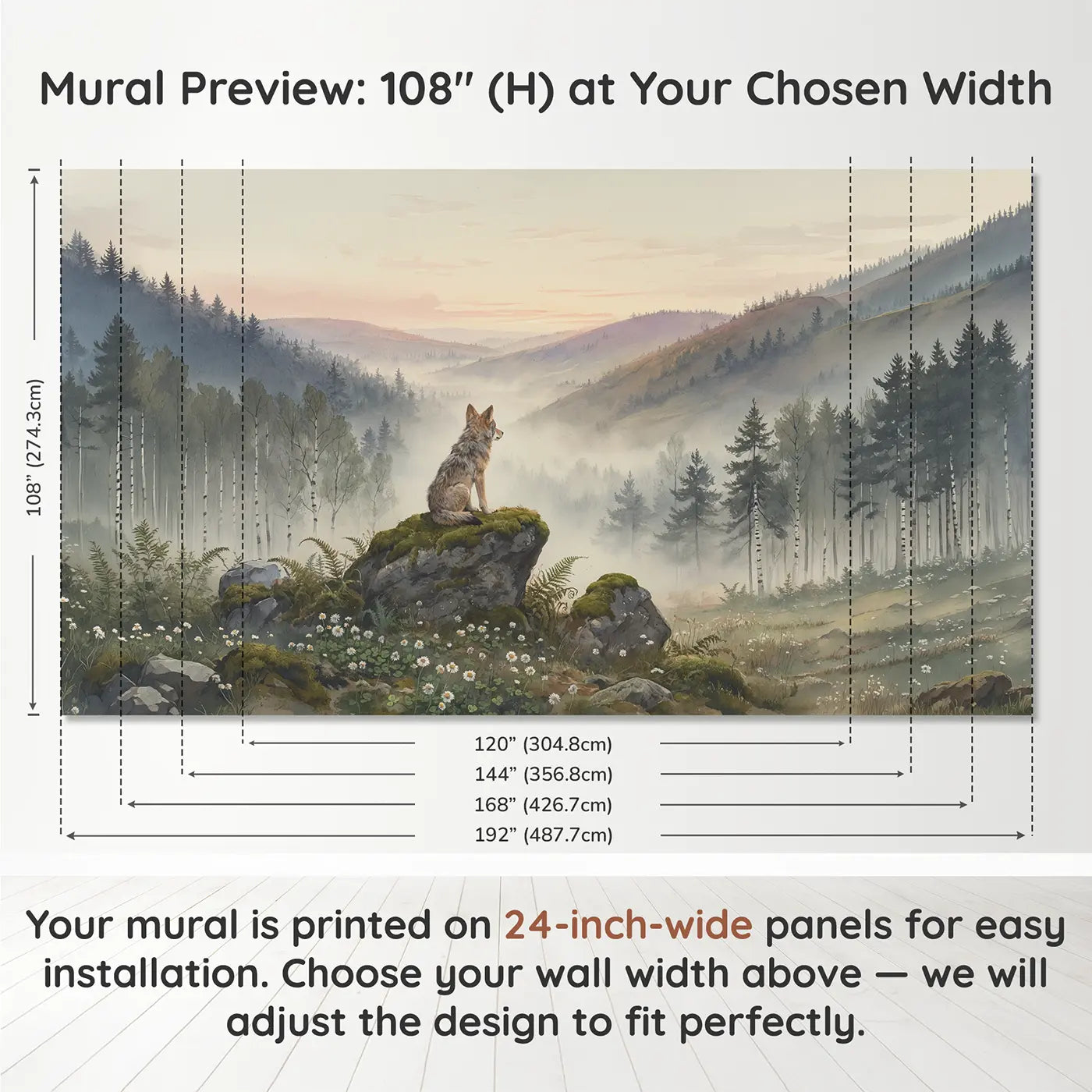 Panel layout and dimensions for Hilltop Wolf Lookout Wallpaper Mural by Whimsy Tots
