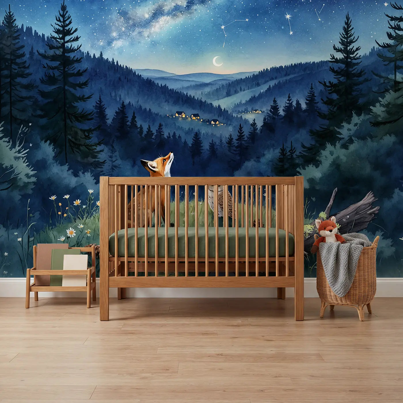 Watercolor fox and owl stargazing wallpaper mural for nursery by Whimsy Tots
