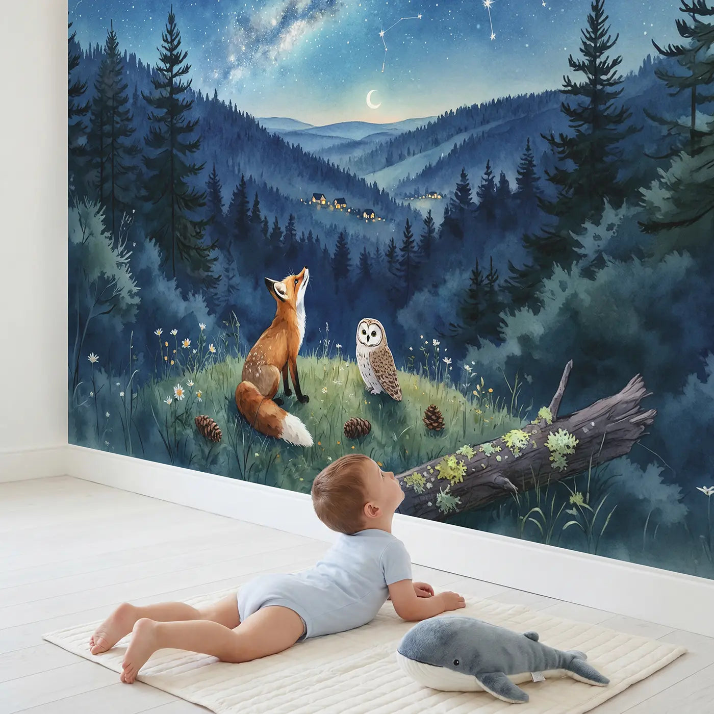 Child in nursery with Fox and Owl Stargazing Wallpaper Mural by Whimsy Tots