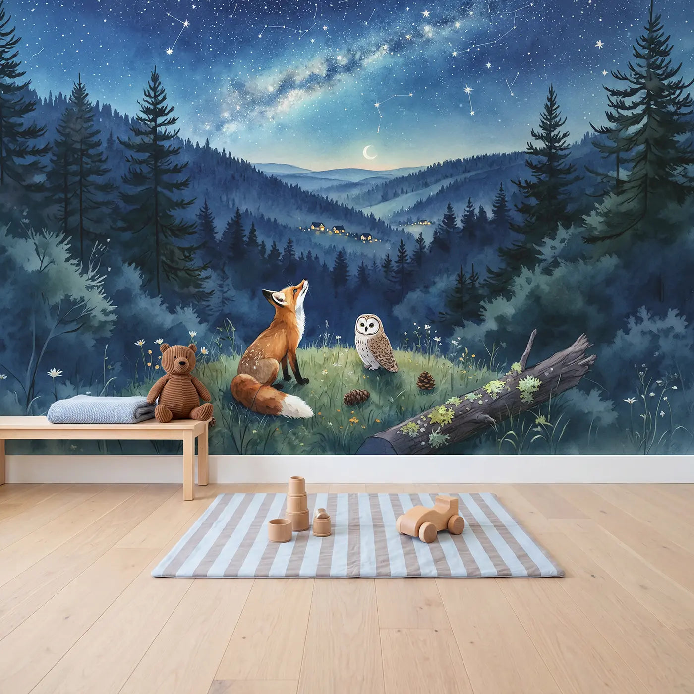 Fox and Owl Stargazing Wallpaper Mural in playroom setting by Whimsy Tots