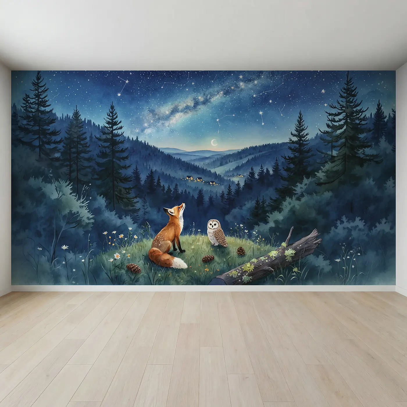 Full view of Fox and Owl Stargazing Wallpaper Mural by Whimsy Tots