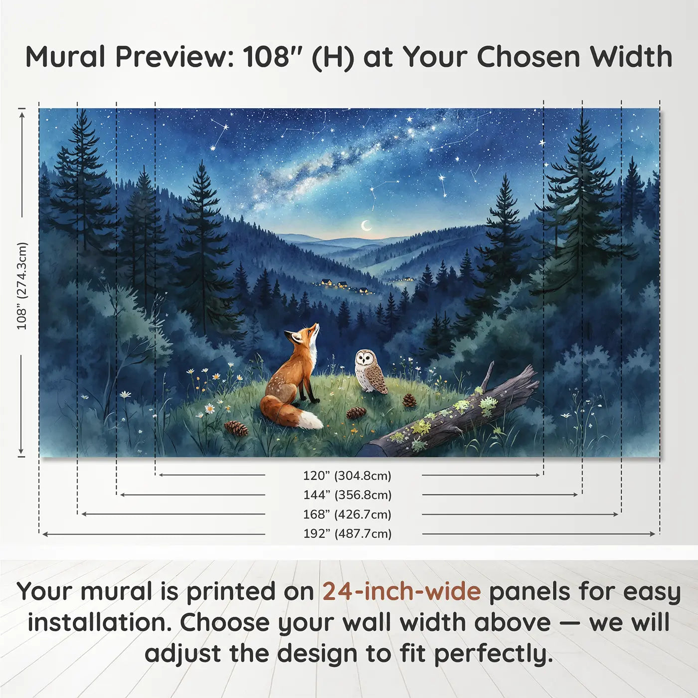Panel layout and dimensions for Fox and Owl Stargazing Wallpaper Mural by Whimsy Tots