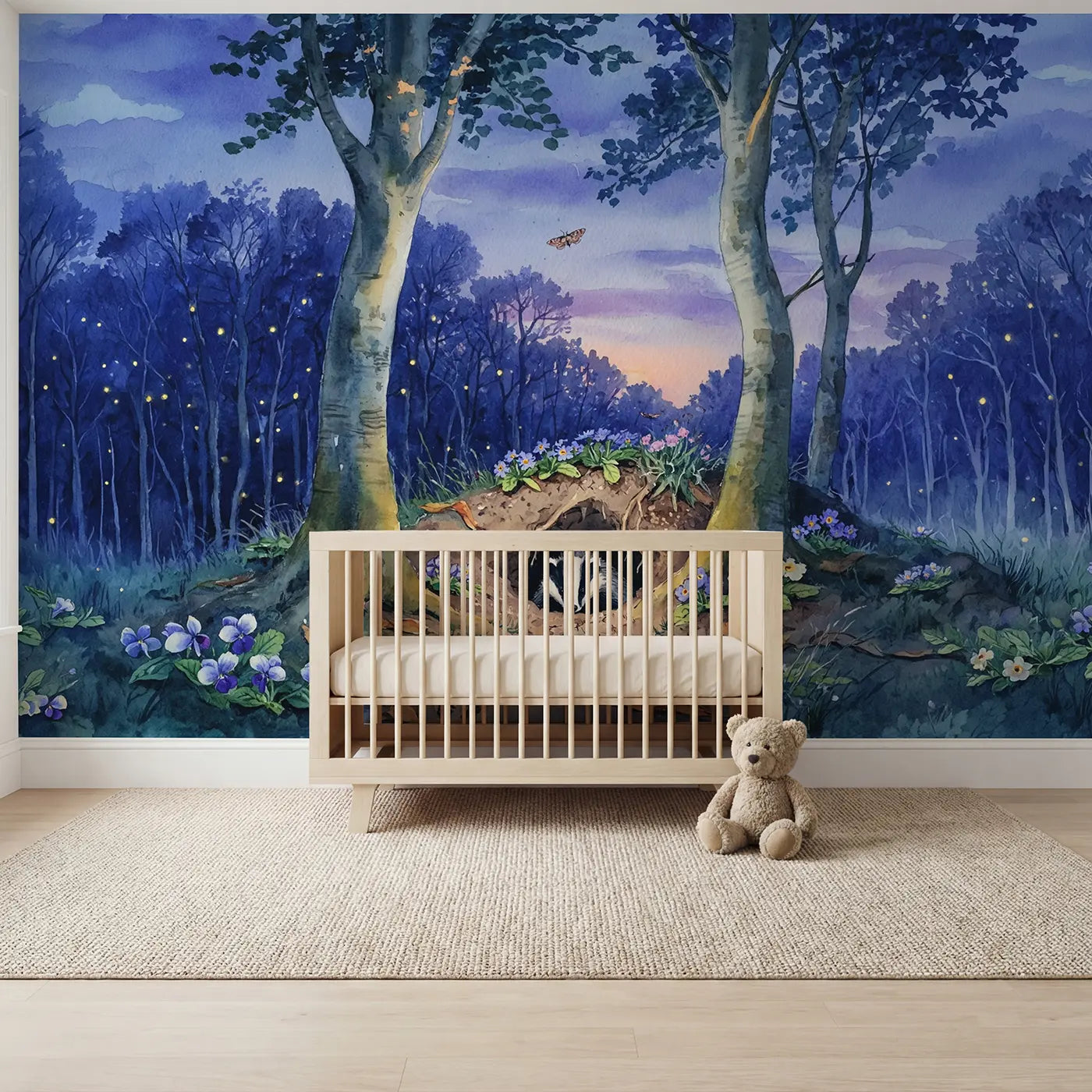 Watercolor badger and forest wallpaper mural for nursery by Whimsy Tots