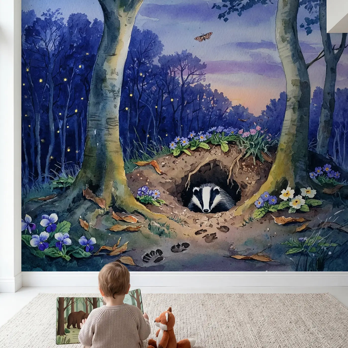 Child in nursery with Badger Dusk Primrose Sett Wallpaper Mural by Whimsy Tots