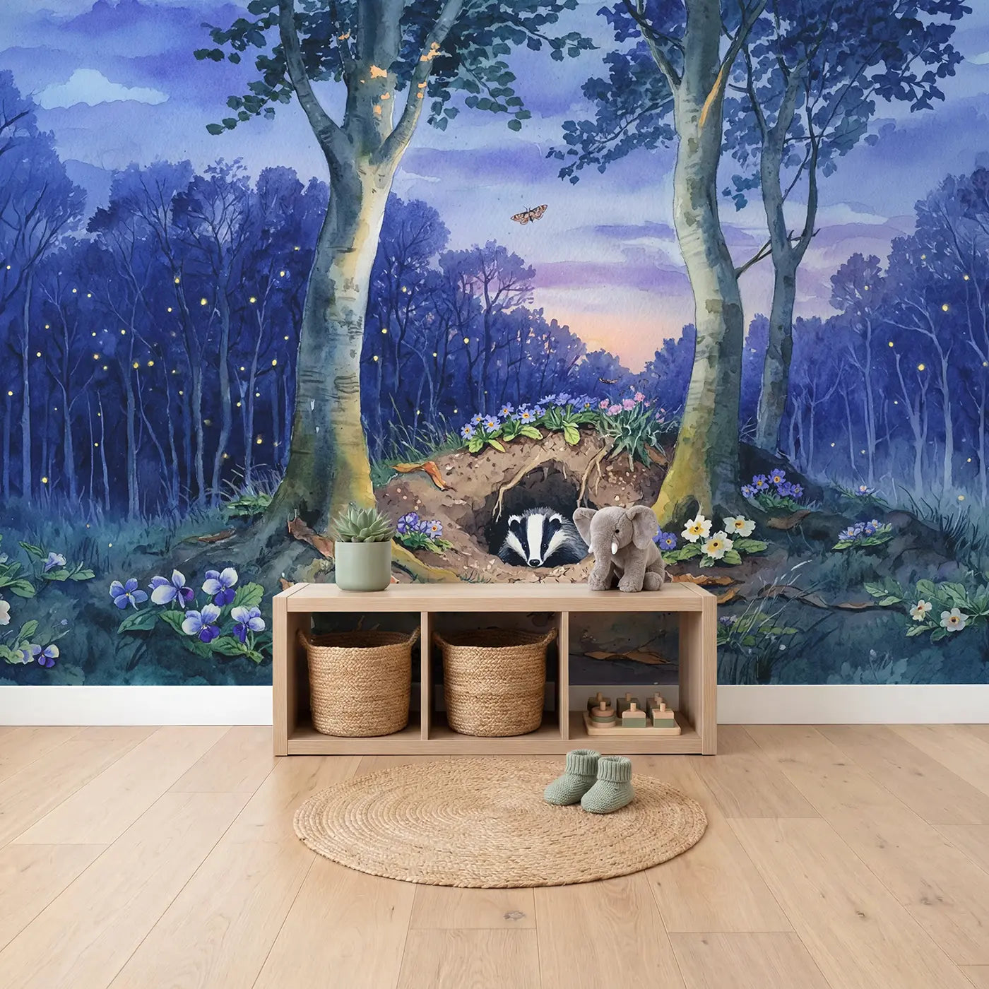 Badger Dusk Primrose Sett Wallpaper Mural in playroom setting by Whimsy Tots