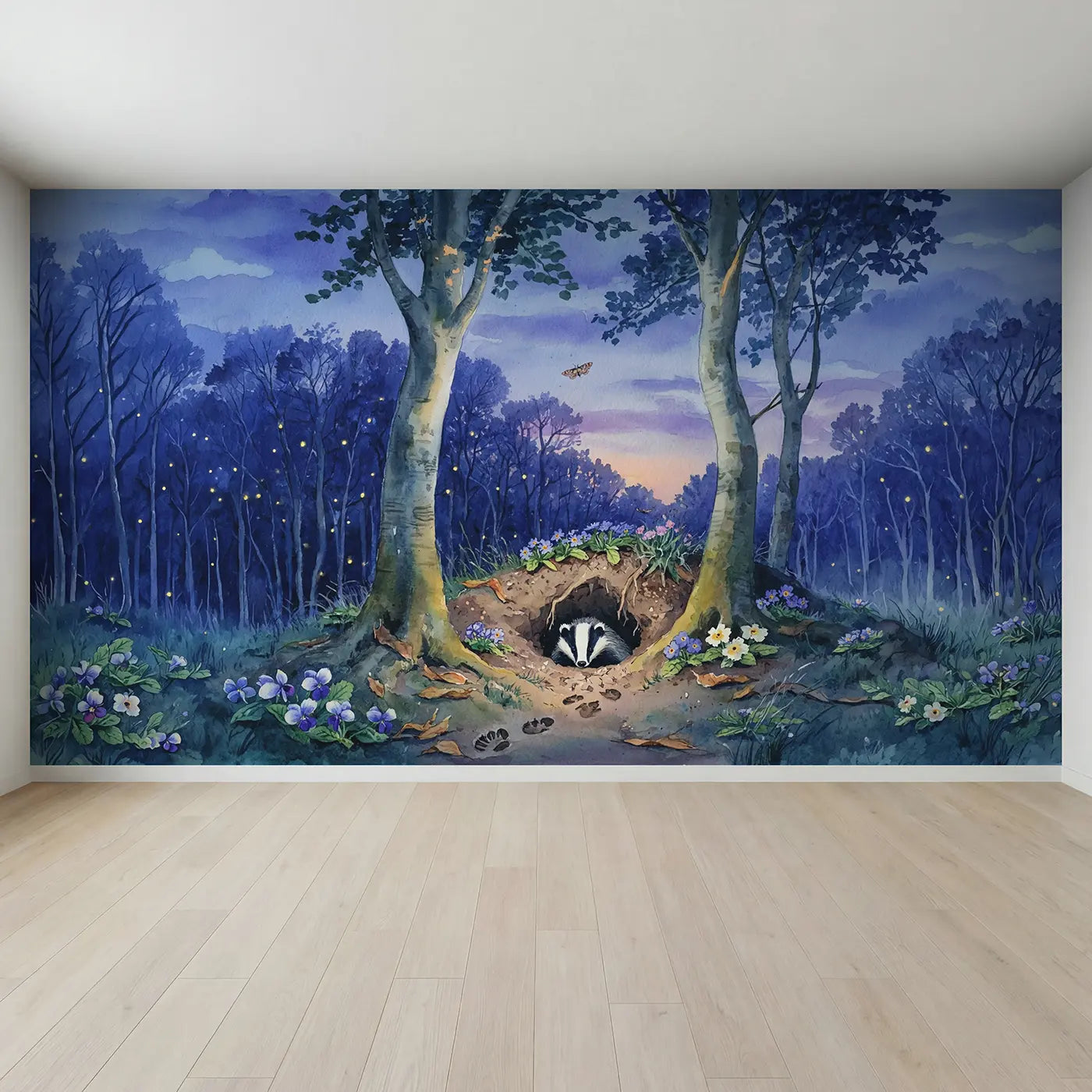 Full view of Badger Dusk Primrose Sett Wallpaper Mural by Whimsy Tots