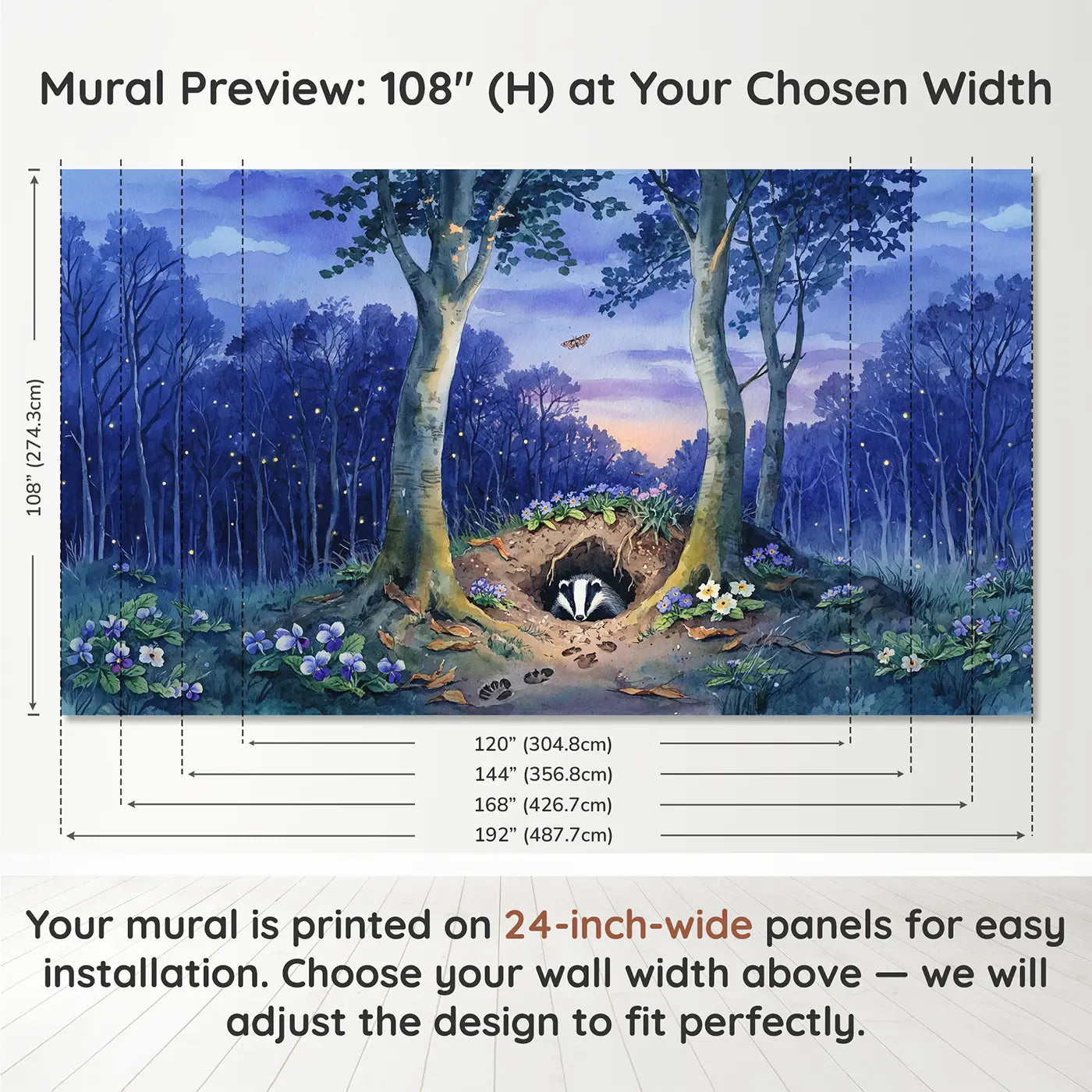 Panel layout and dimensions for Badger Dusk Primrose Sett Wallpaper Mural by Whimsy Tots