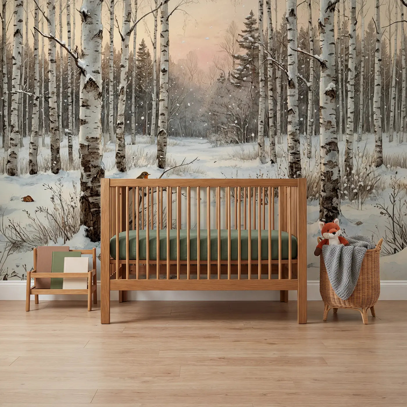 Storybook birch grove first snow robin wallpaper mural for boys nursery by Whimsy Tots